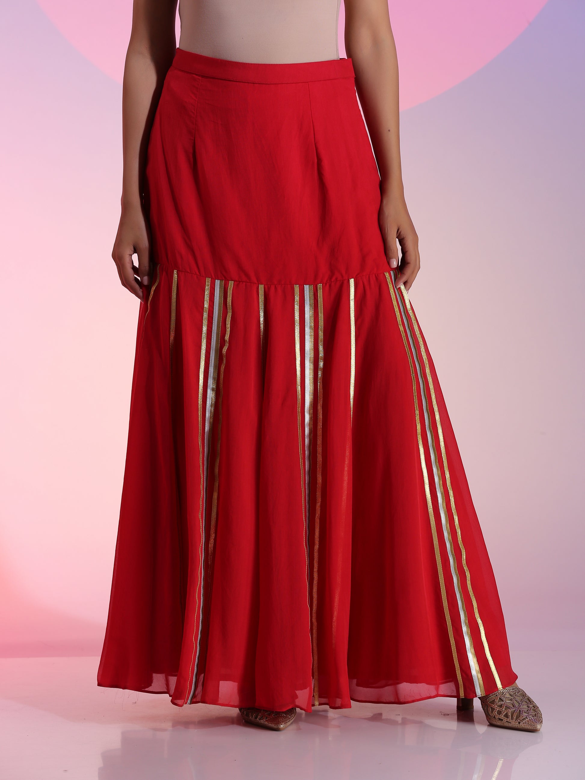 Red Organza Gotta Dabka Drop Waist Lehenga Kurta Dupatta Set