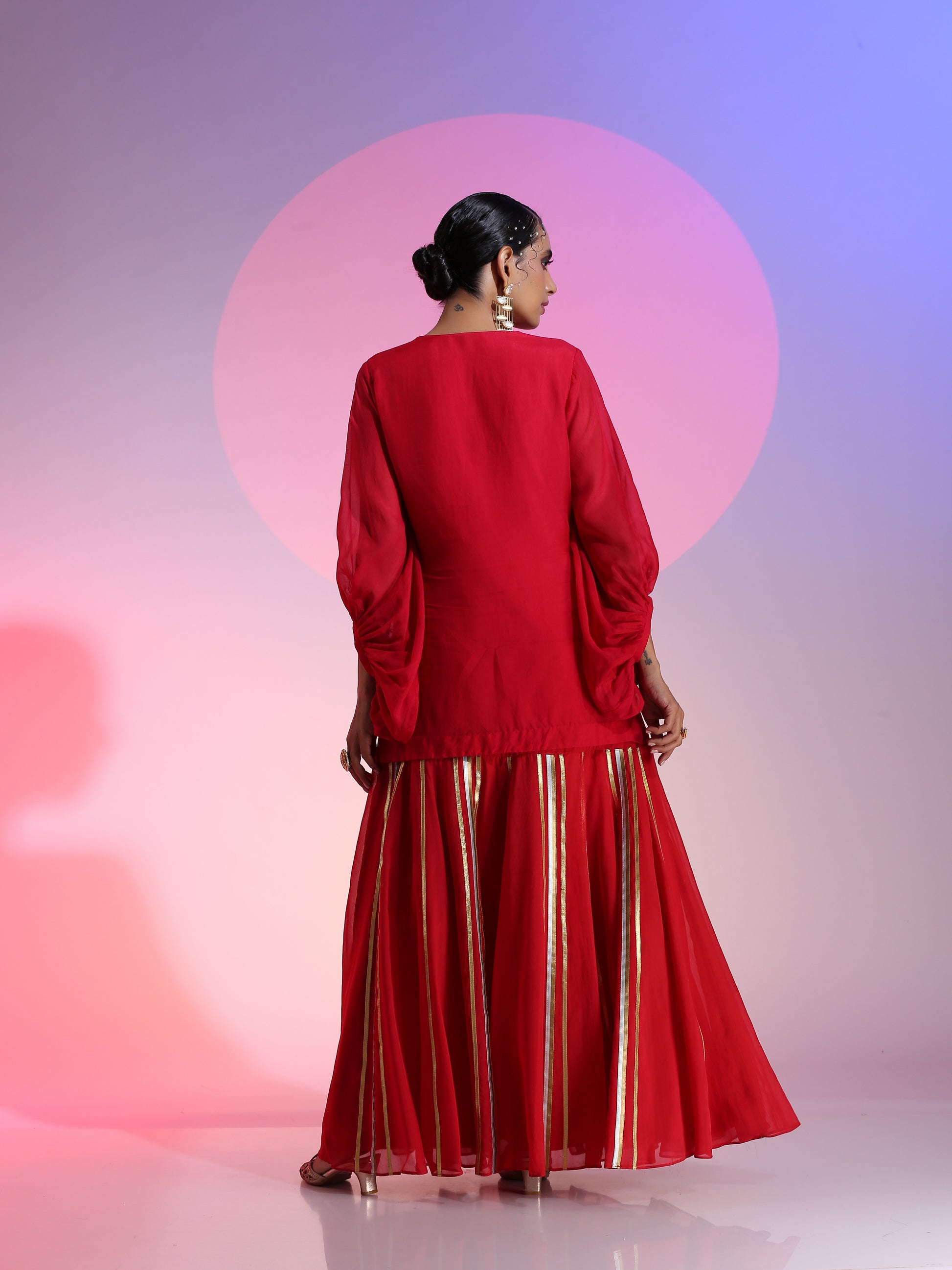 Red Organza Gotta Dabka Drop Waist Lehenga Kurta Dupatta Set