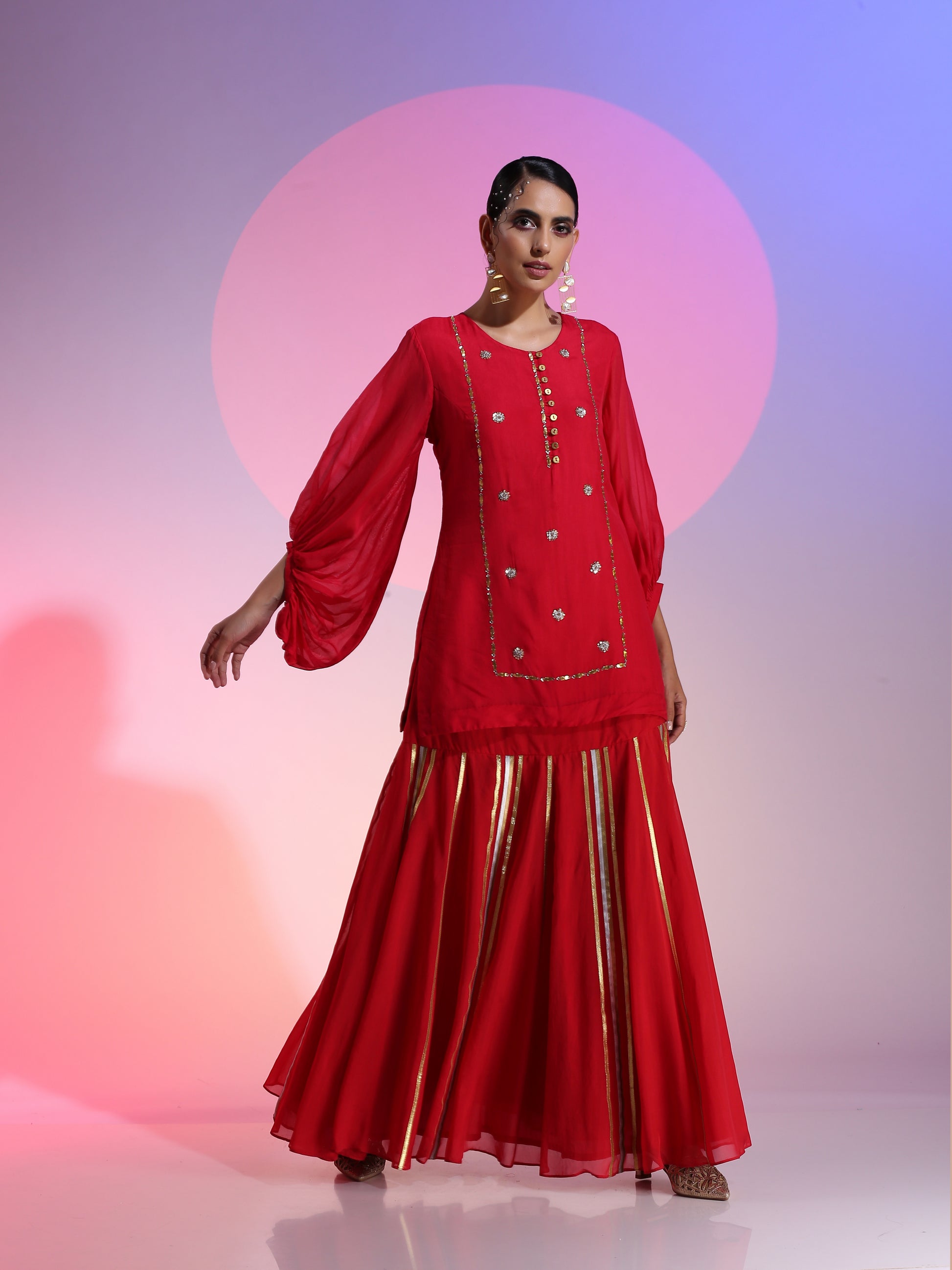 Red Organza Gotta Dabka Drop Waist Lehenga Kurta Dupatta Set