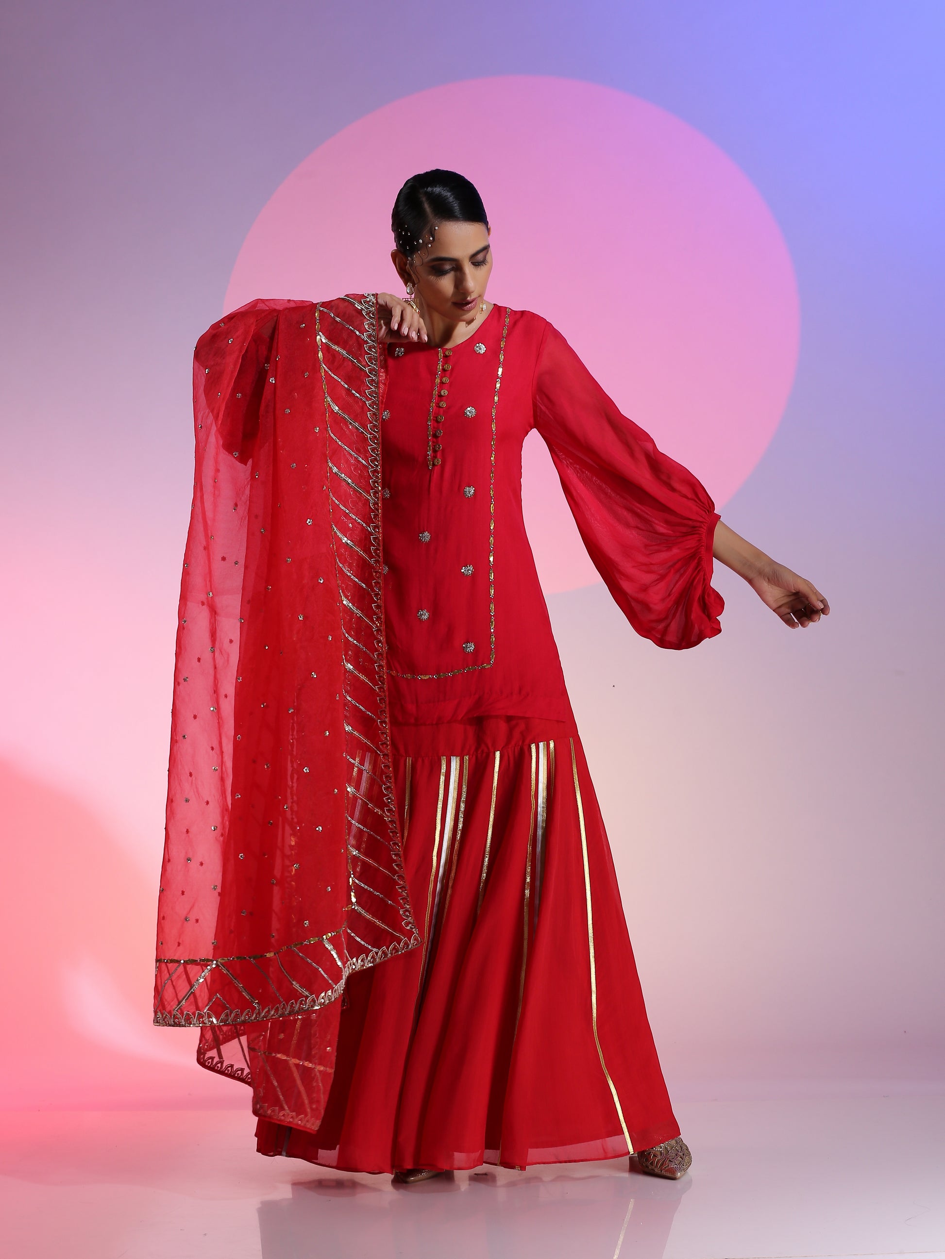 Red Organza Gotta Dabka Drop Waist Lehenga Kurta Dupatta Set