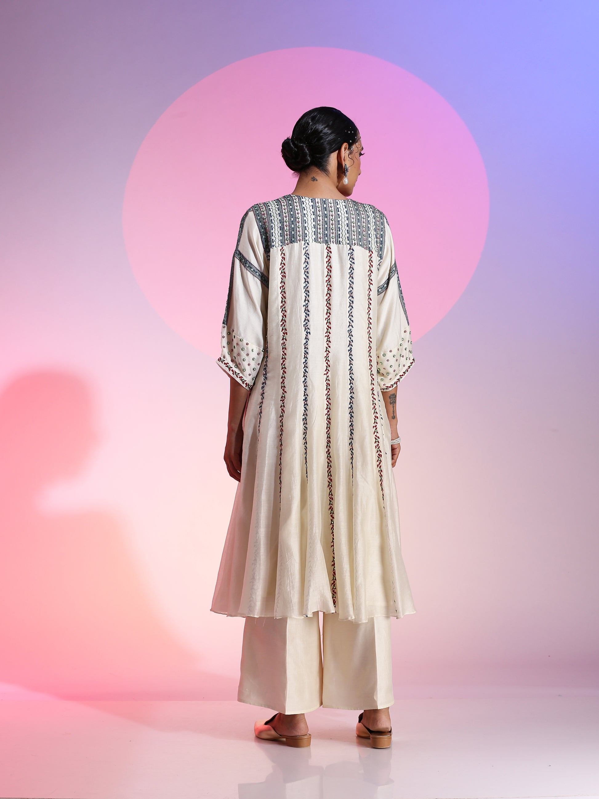 Ivory Resham Beadwork Kalidar Kurta Pants Set Heavy Shoulder Detail
