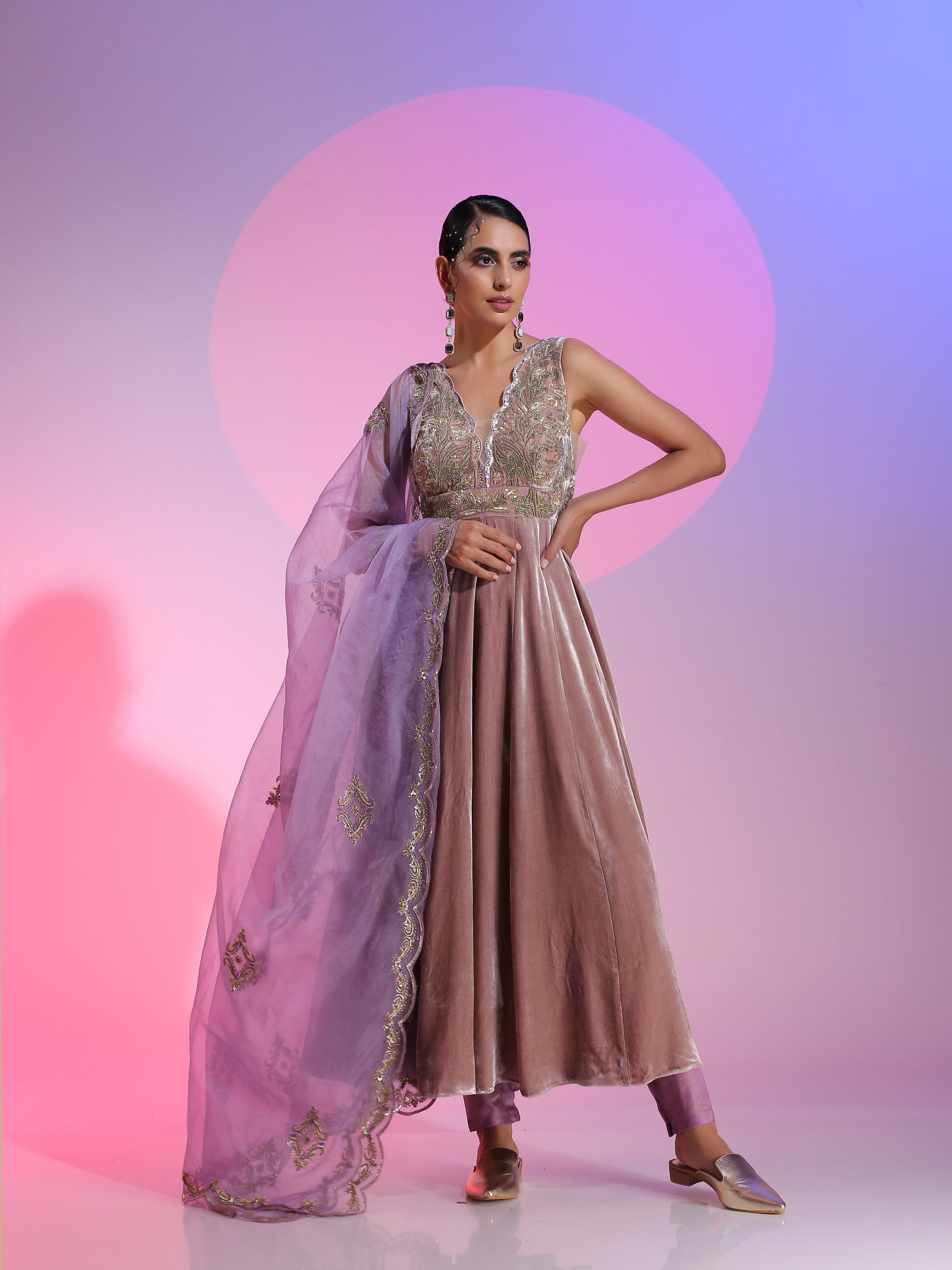 Brown Purple Velvet Organza Dabka Bead Zardozi Kalidar Dupatta Set