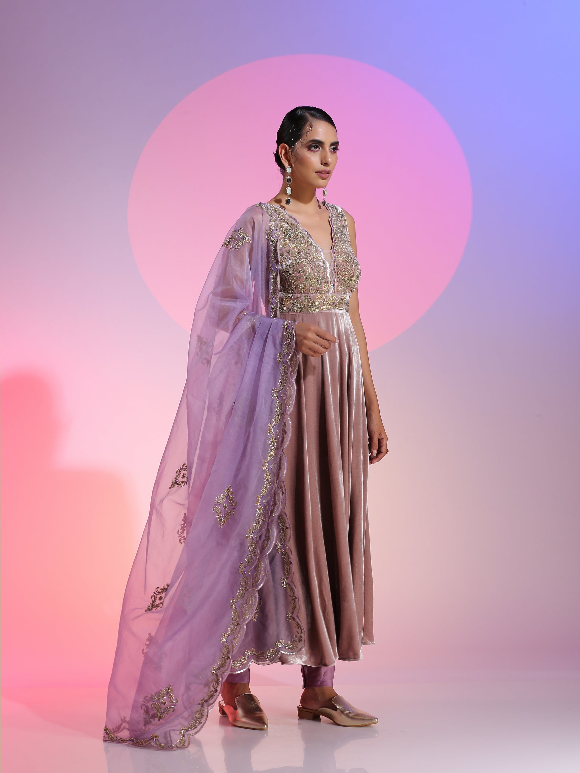 Brown Purple Velvet Organza Dabka Bead Zardozi Kalidar Dupatta Set