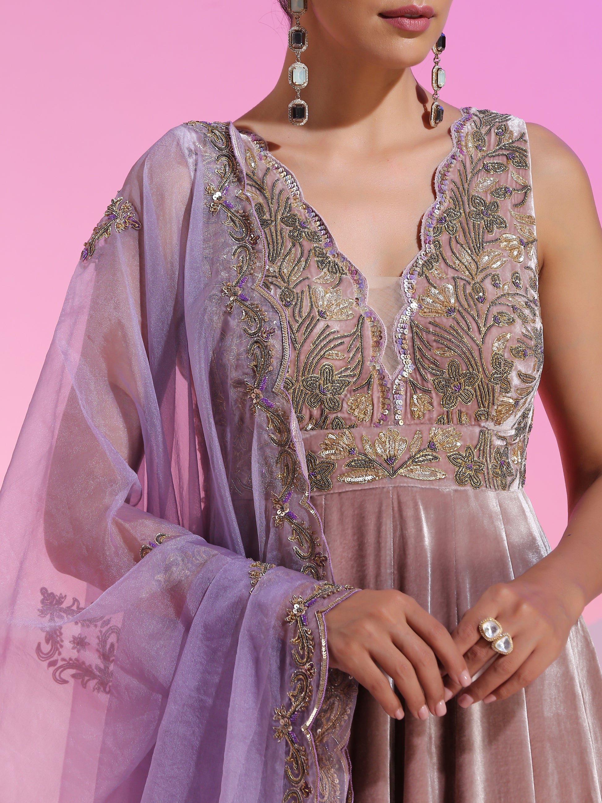 Brown Purple Velvet Organza Dabka Bead Zardozi Kalidar Dupatta Set