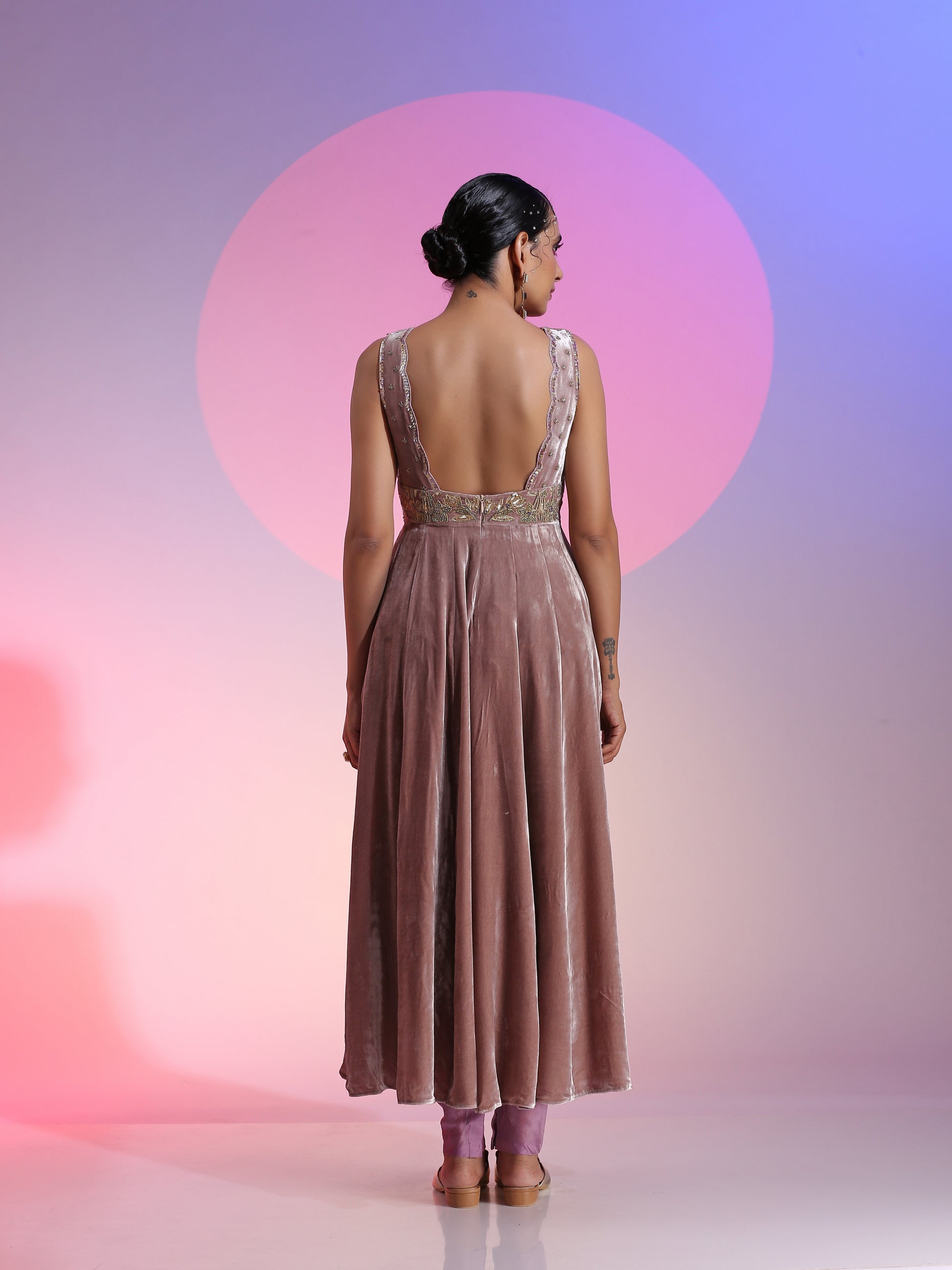 Brown Purple Velvet Organza Dabka Bead Zardozi Kalidar Dupatta Set
