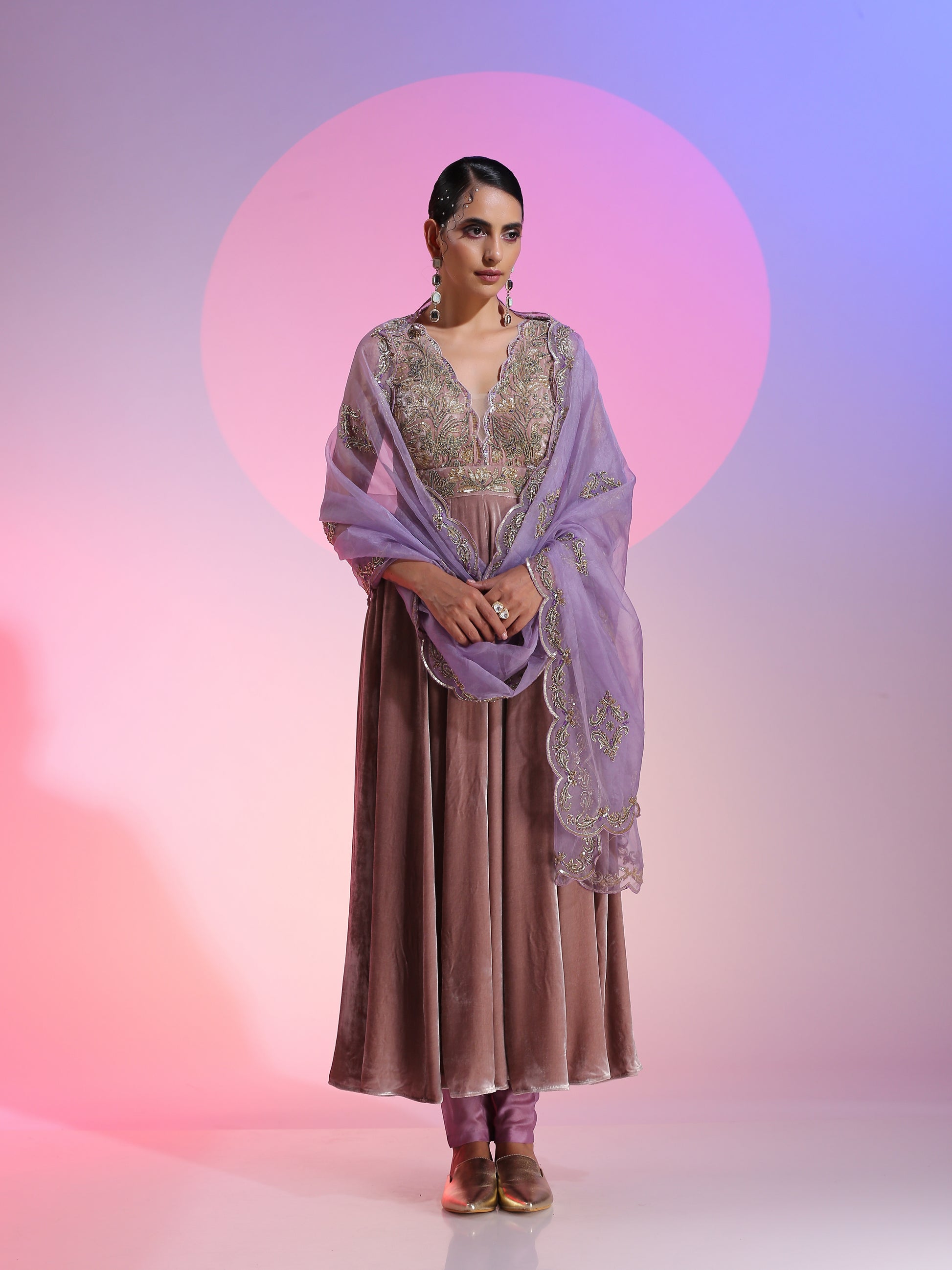 Brown Purple Velvet Organza Dabka Bead Zardozi Kalidar Dupatta Set