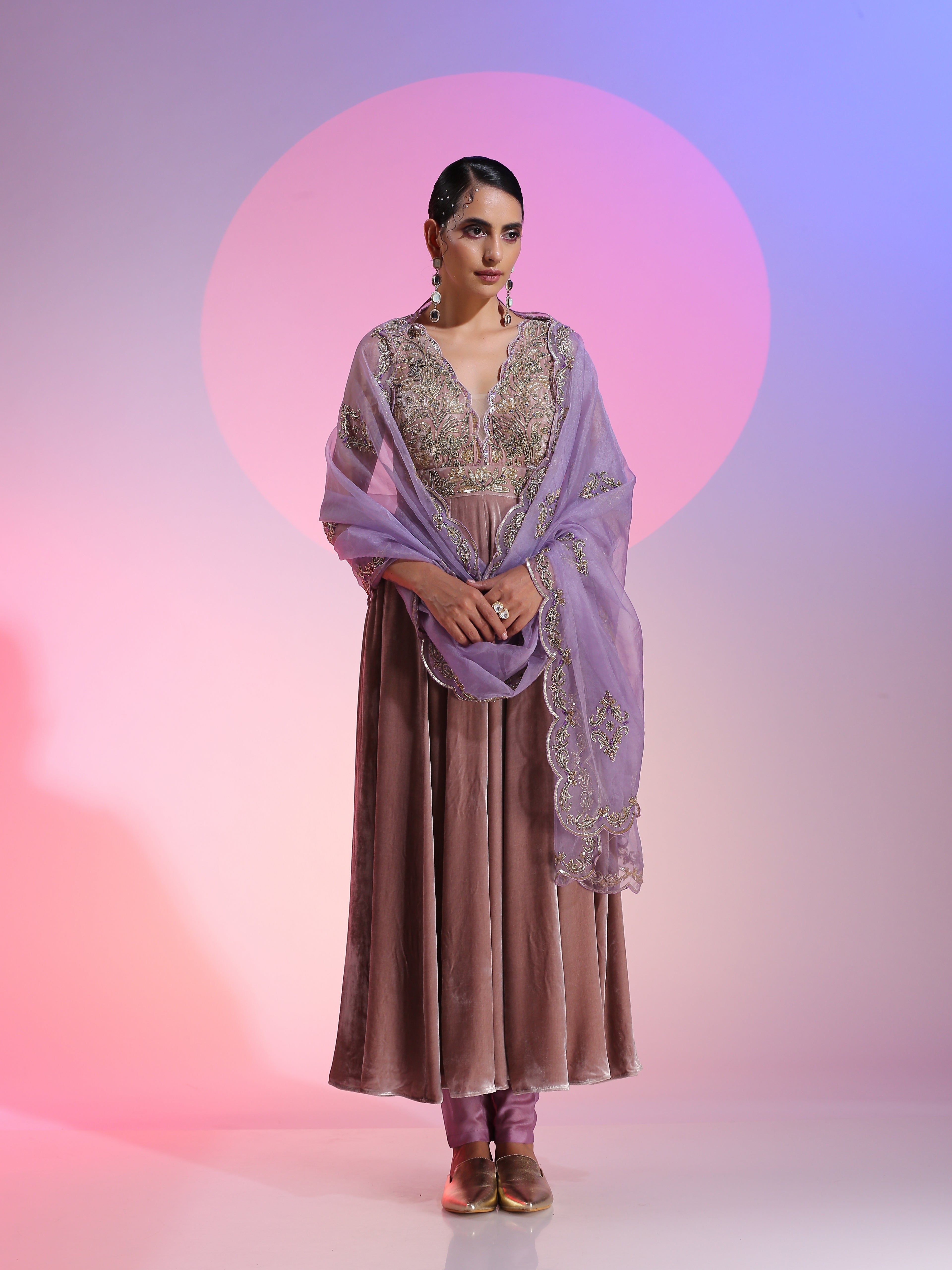 Brown Purple Velvet Organza Dabka Bead Zardozi Kalidar Dupatta Set