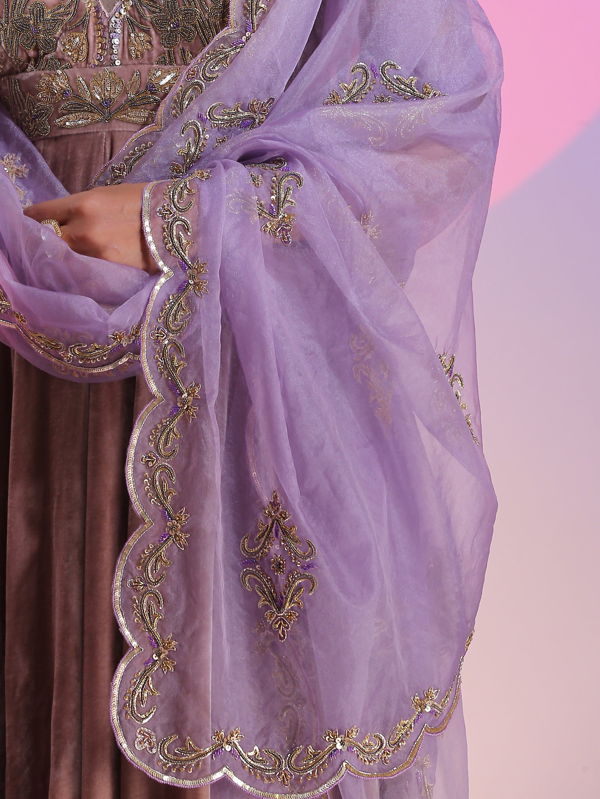 Brown Purple Velvet Organza Dabka Bead Zardozi Kalidar Dupatta Set