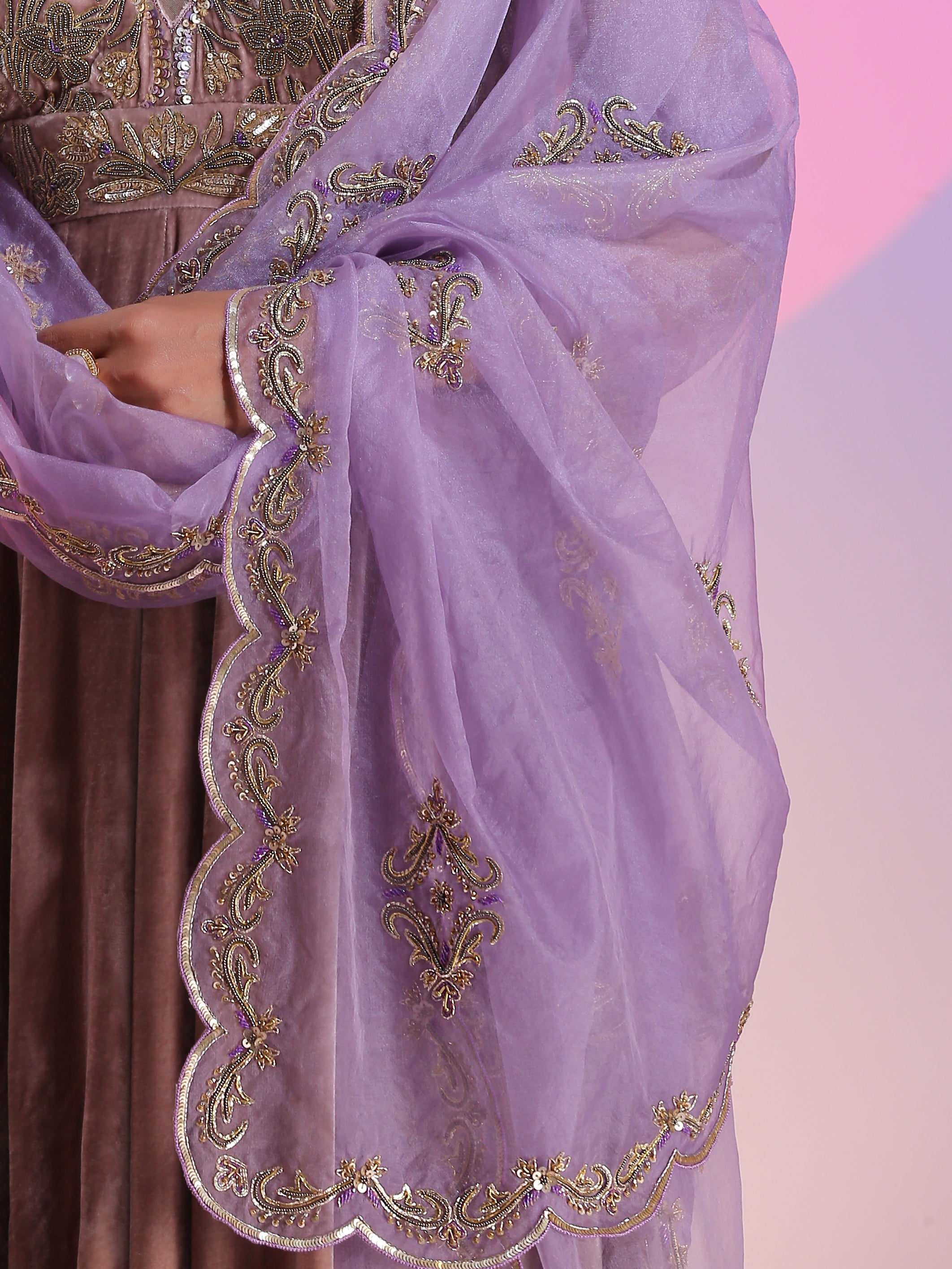 Brown Purple Velvet Organza Dabka Bead Zardozi Kalidar Dupatta Set