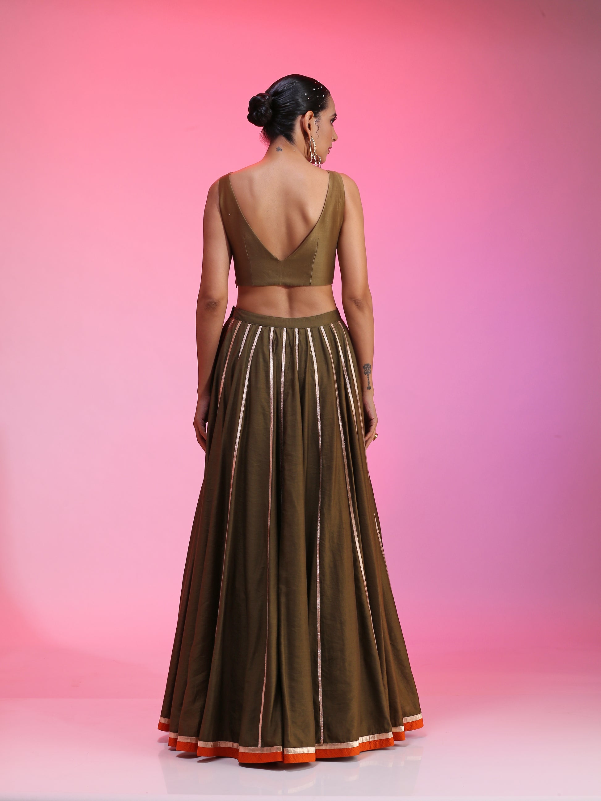 Olive Green Chanderi Zari Sequin Resham Lehenga Rust Dupatta