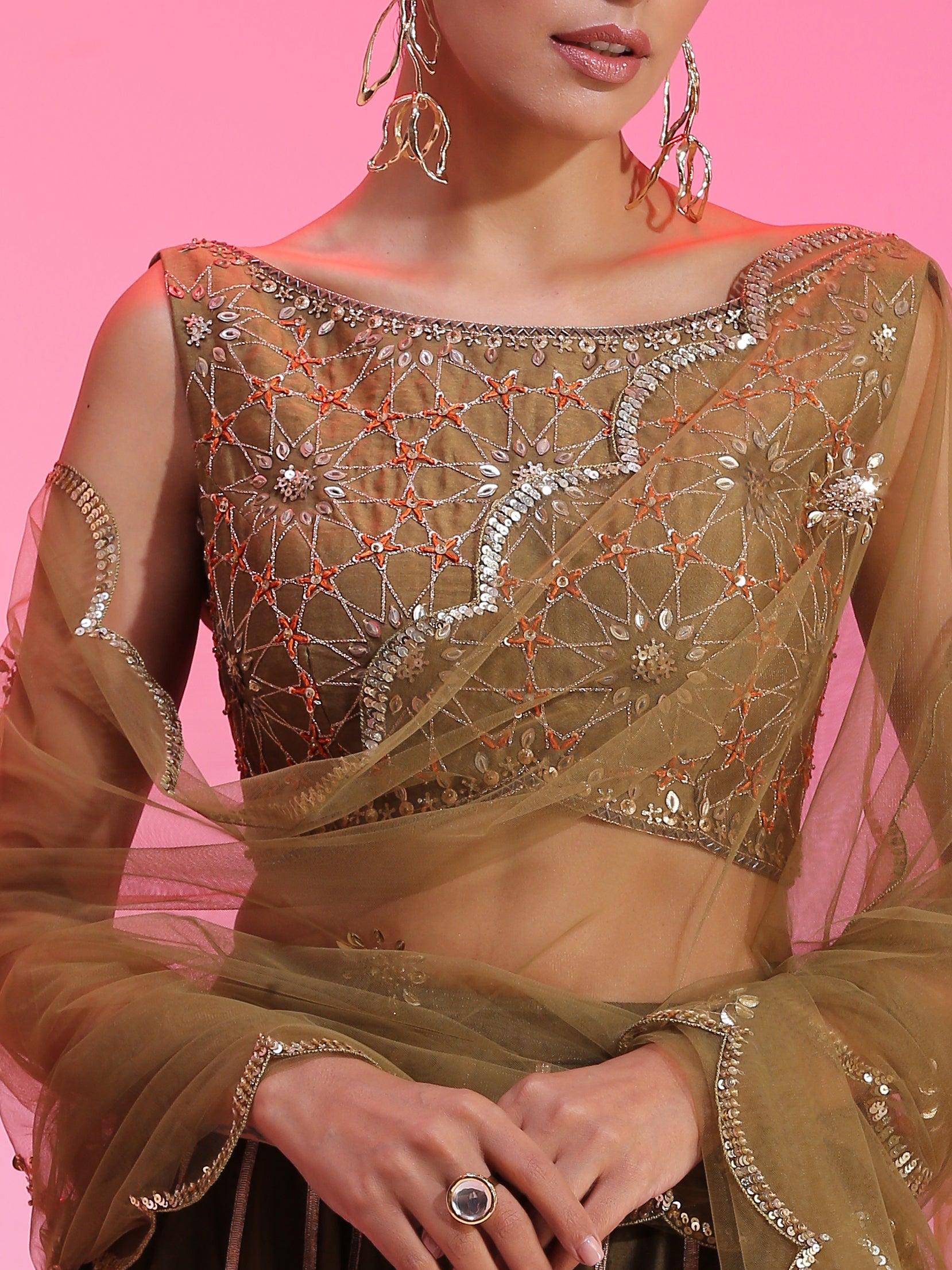 Olive Green Chanderi Zari Sequin Resham Lehenga Rust Dupatta