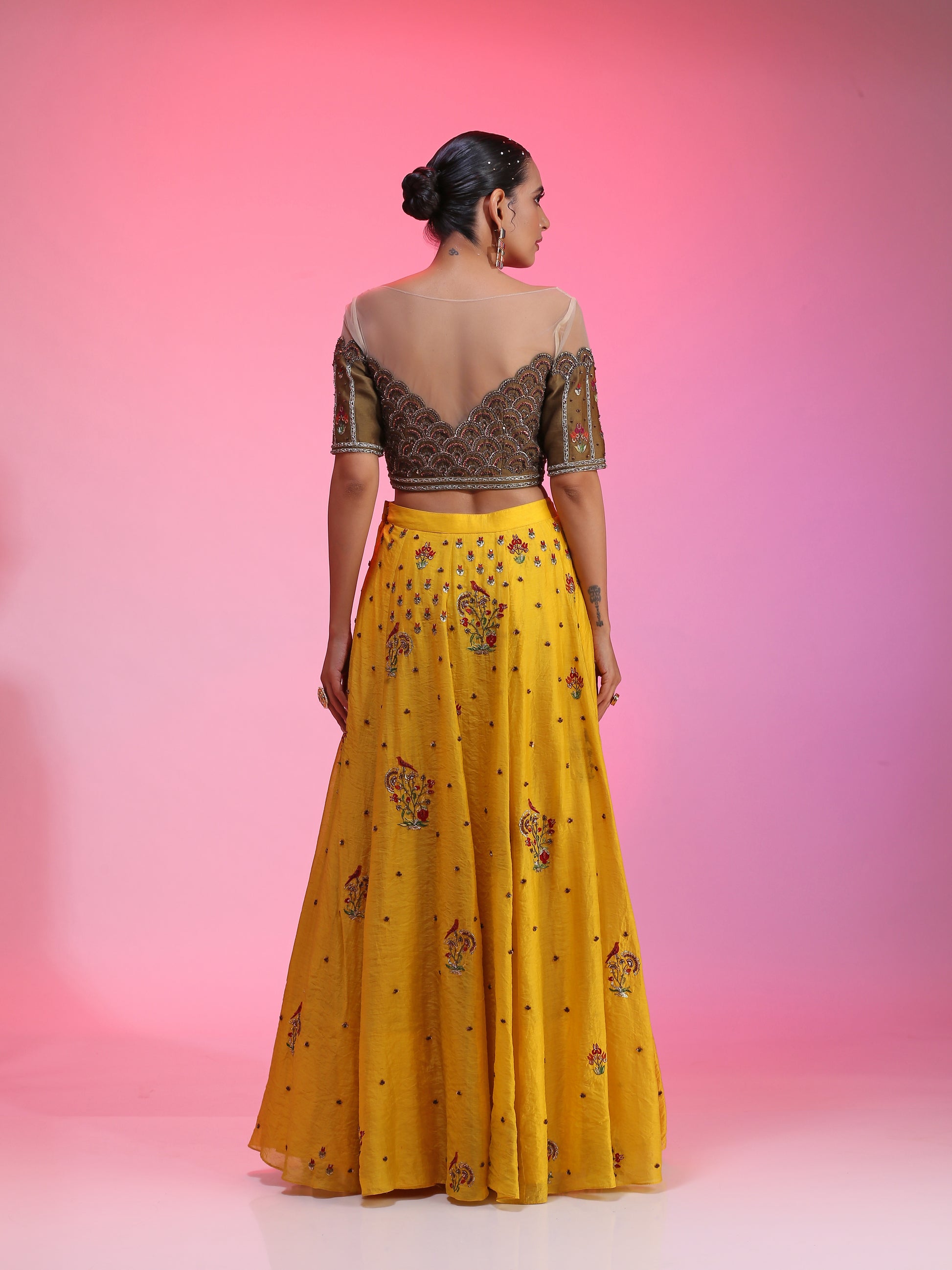 Warm Yellow Chanderi Lehenga Olive Embroidered Blouse Orange Net Dupatta