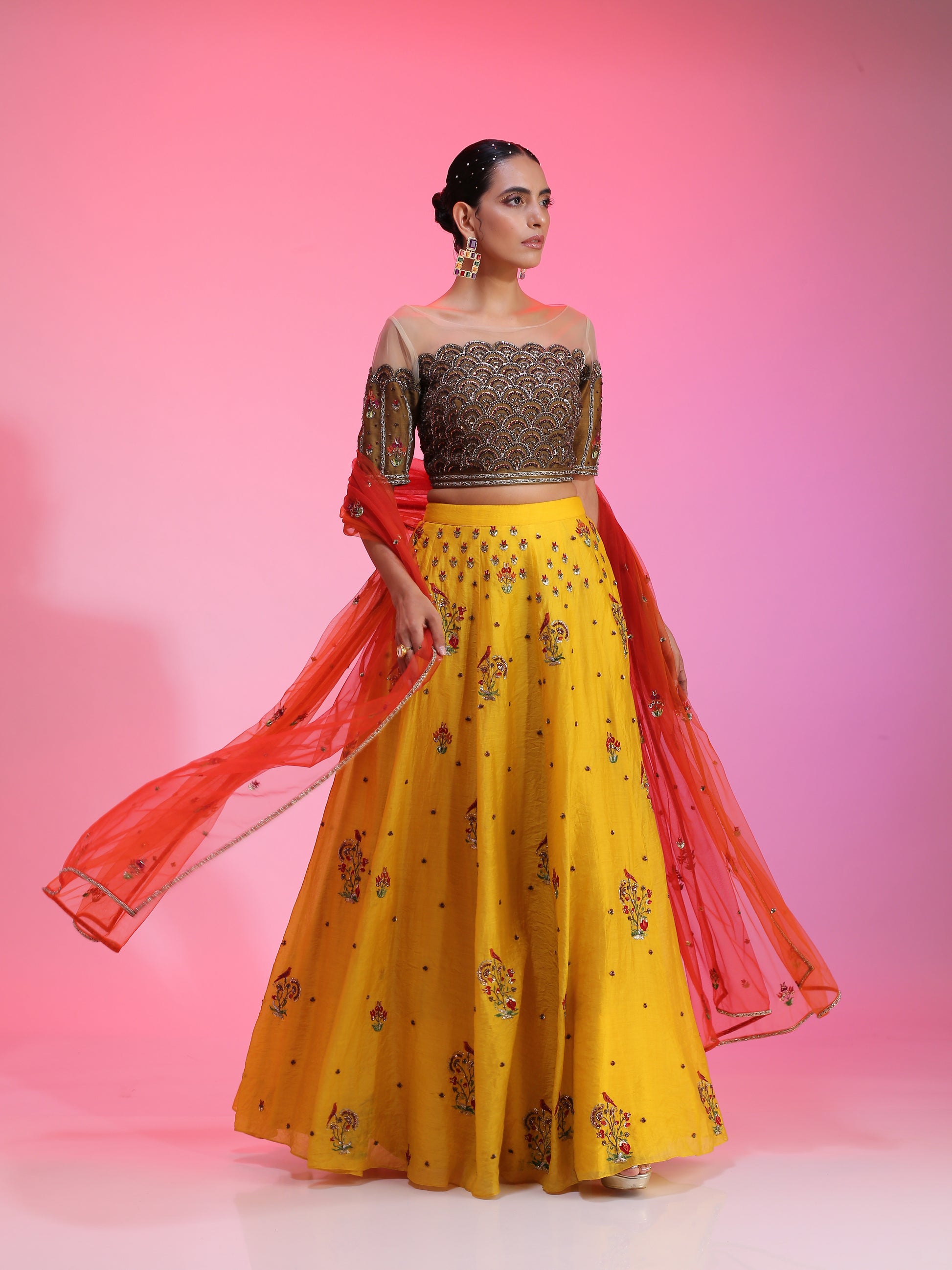 Warm Yellow Chanderi Lehenga Olive Embroidered Blouse Orange Net Dupatta