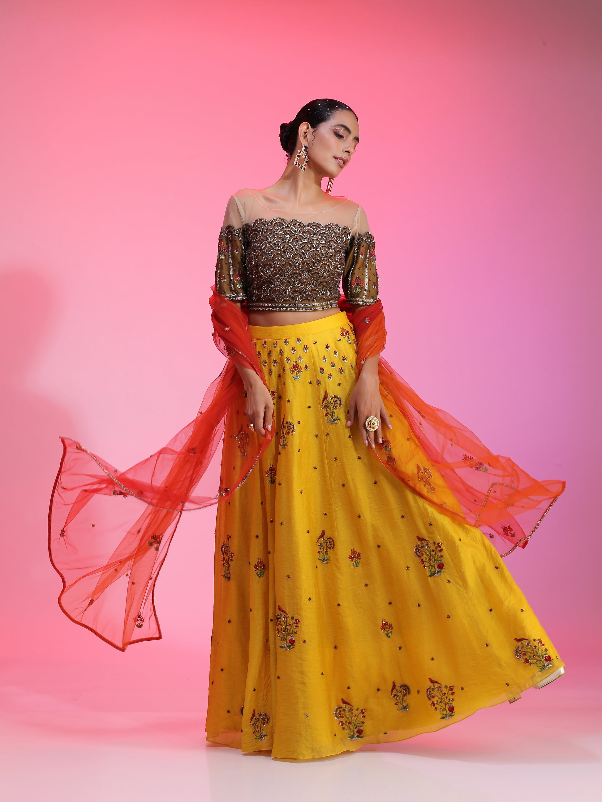 Warm Yellow Chanderi Lehenga Olive Embroidered Blouse Orange Net Dupatta