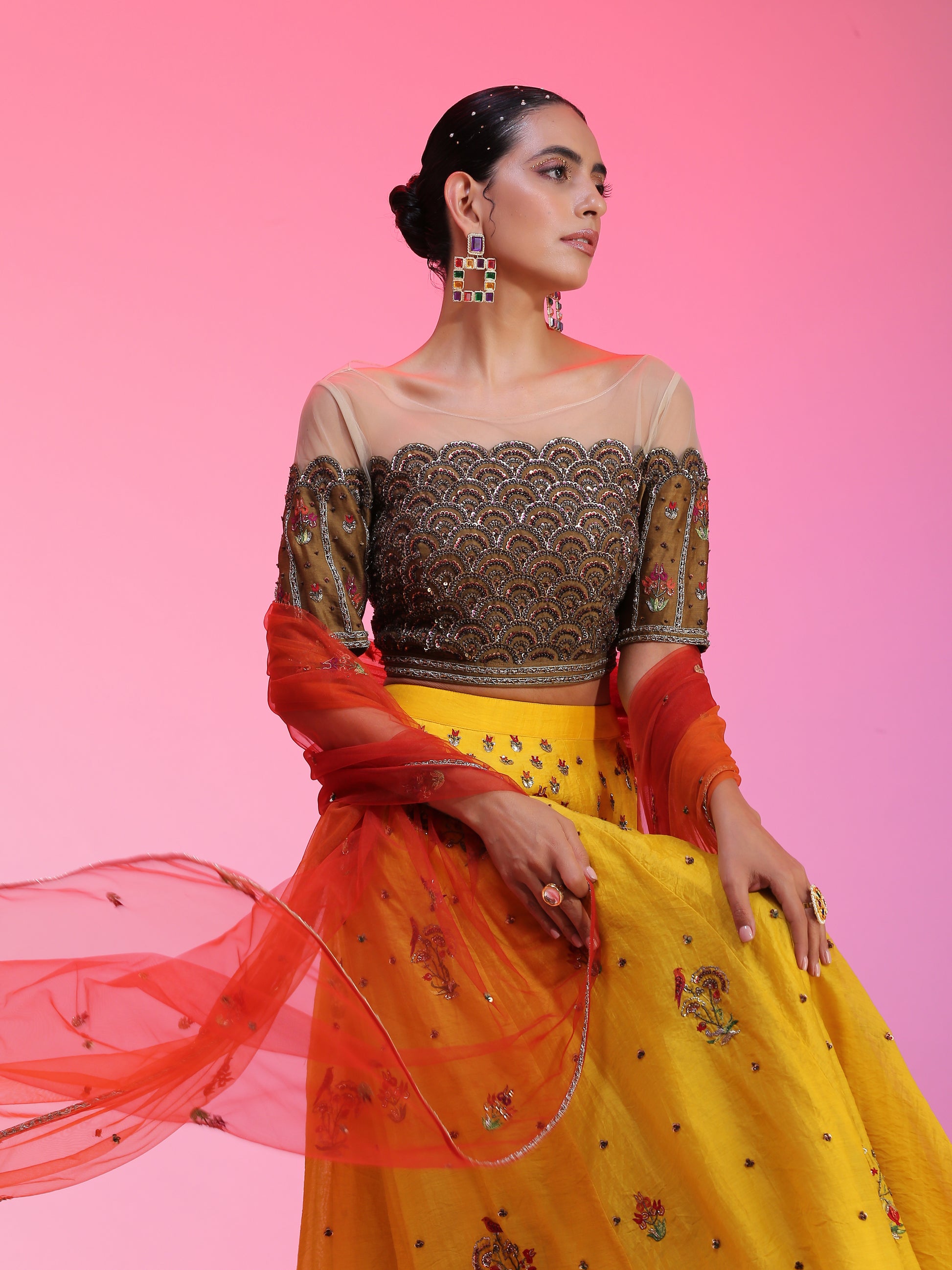 Warm Yellow Chanderi Lehenga Olive Embroidered Blouse Orange Net Dupatta