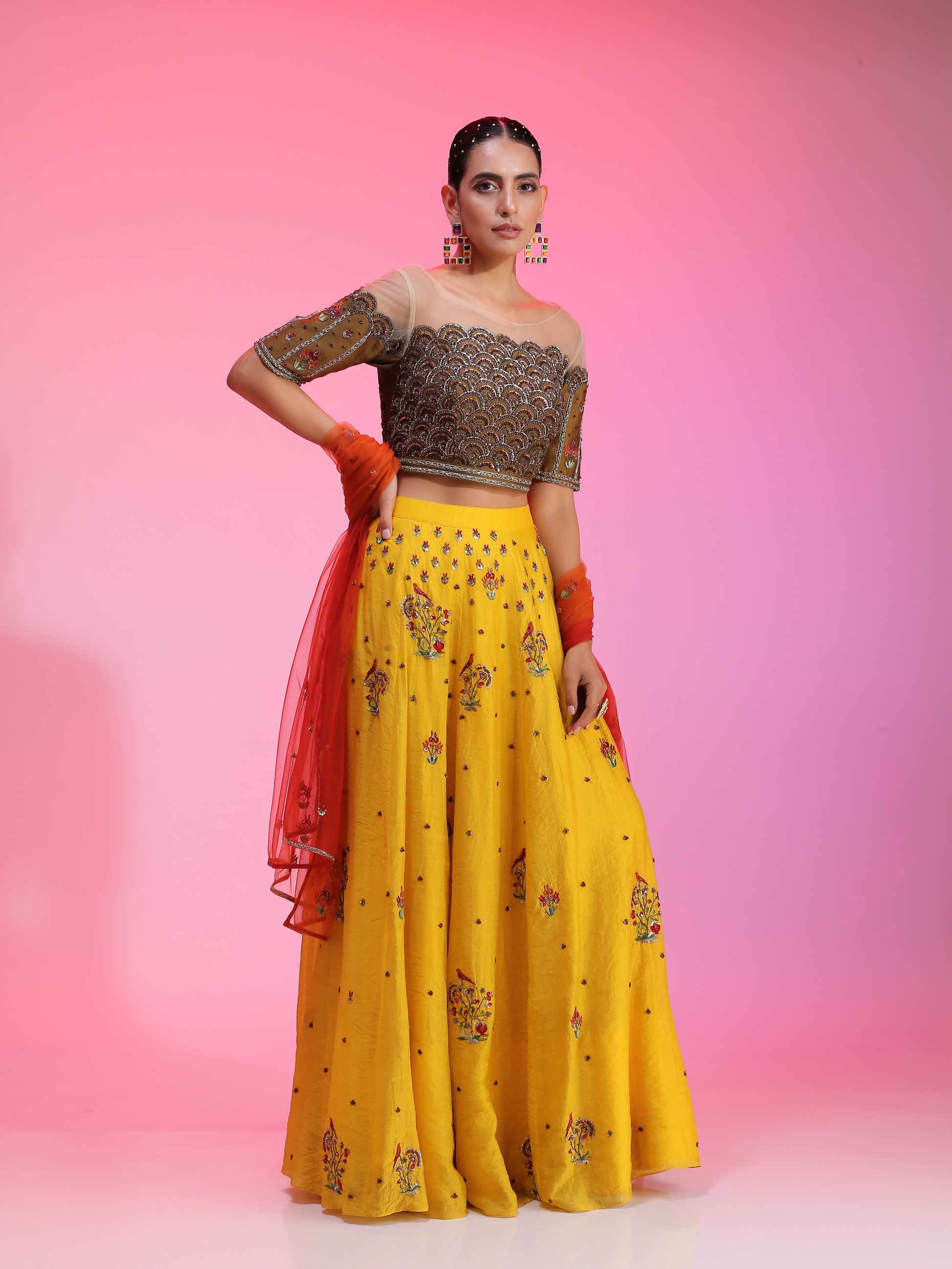 Warm Yellow Chanderi Lehenga Olive Embroidered Blouse Orange Net Dupatta