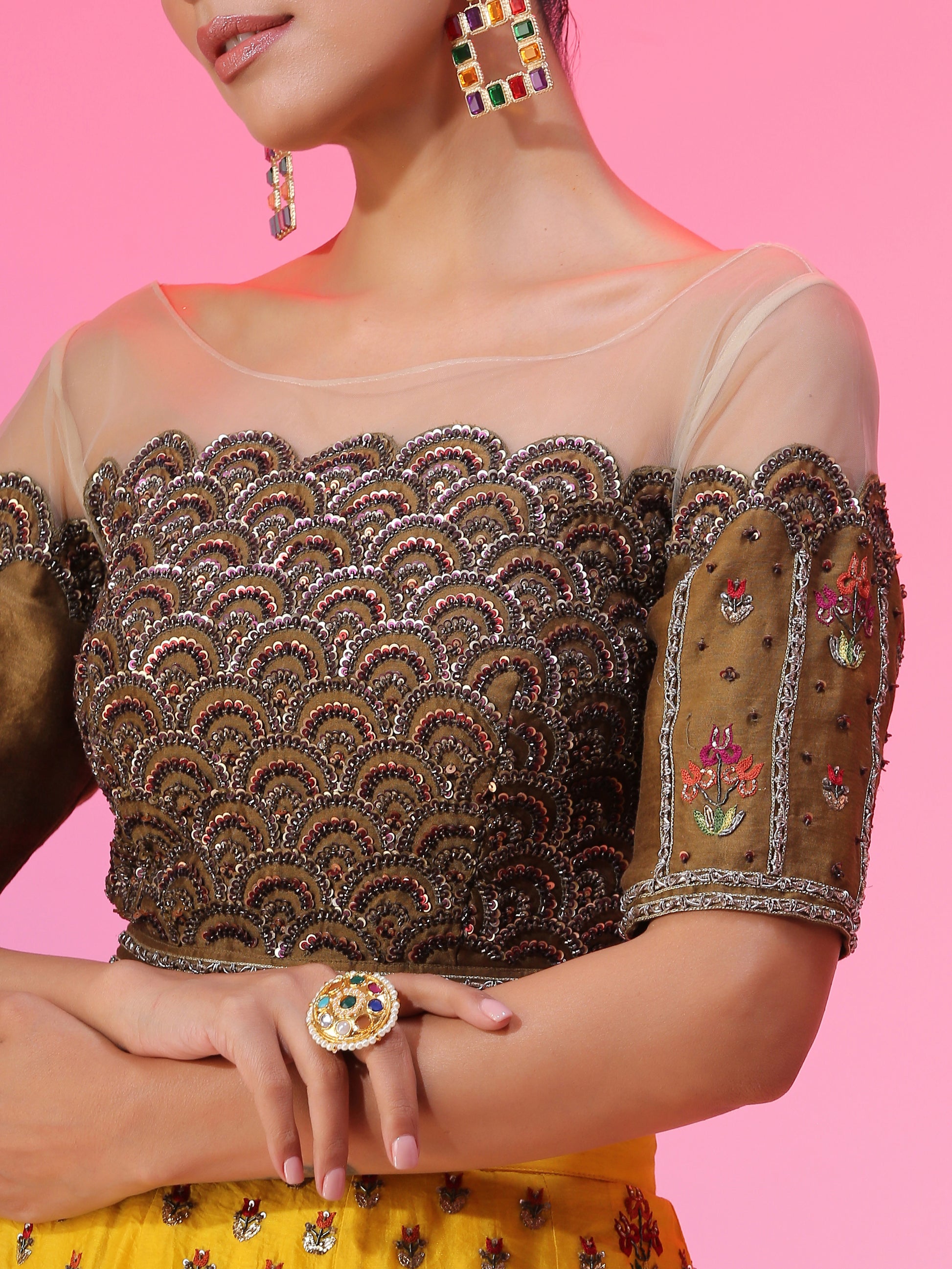 Warm Yellow Chanderi Lehenga Olive Embroidered Blouse Orange Net Dupatta