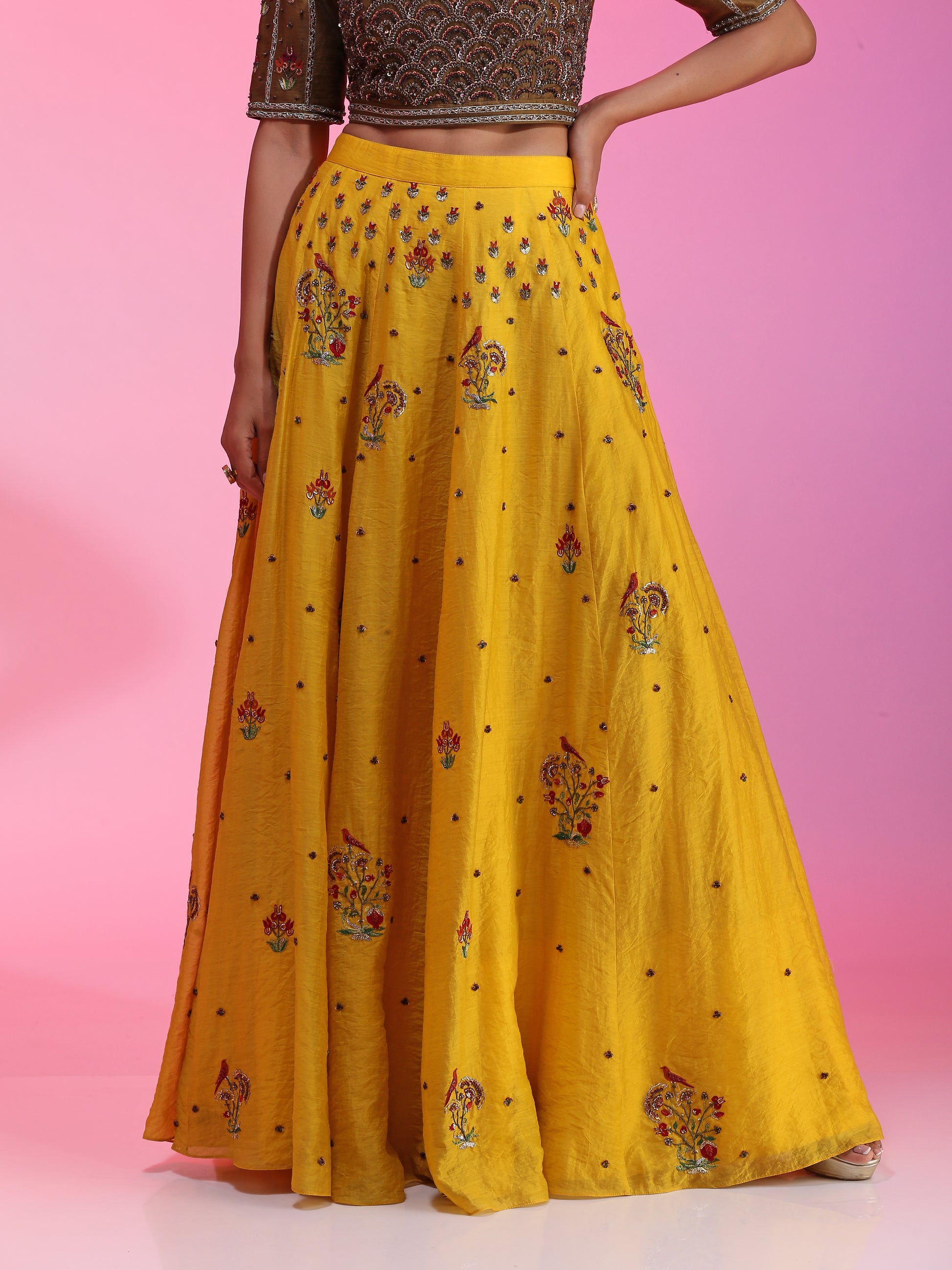 Warm Yellow Chanderi Lehenga Olive Embroidered Blouse Orange Net Dupatta