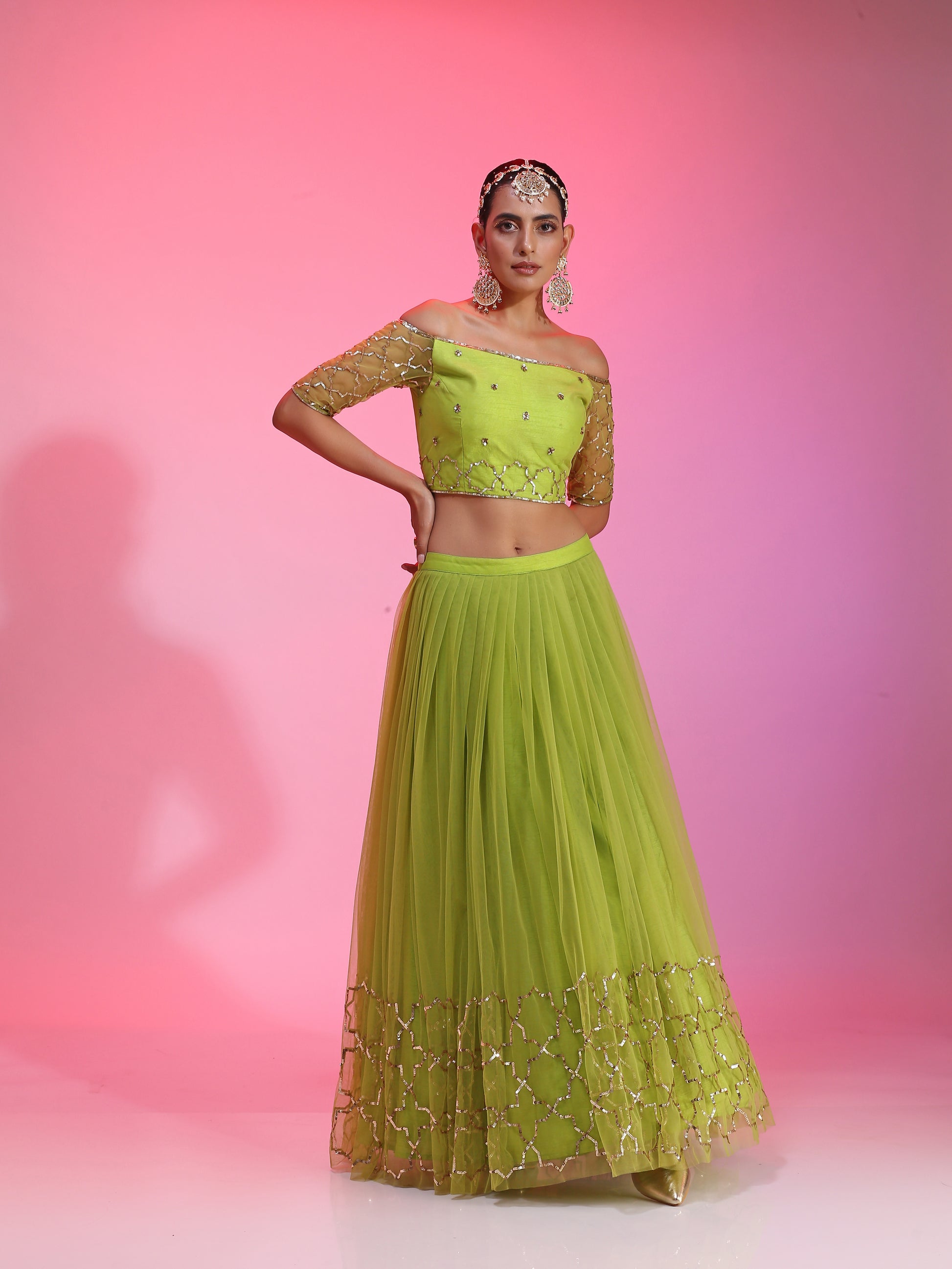 Colorpop Lime Green Net Sequin Embroidery Lehenga Off-Shoulder Blouse