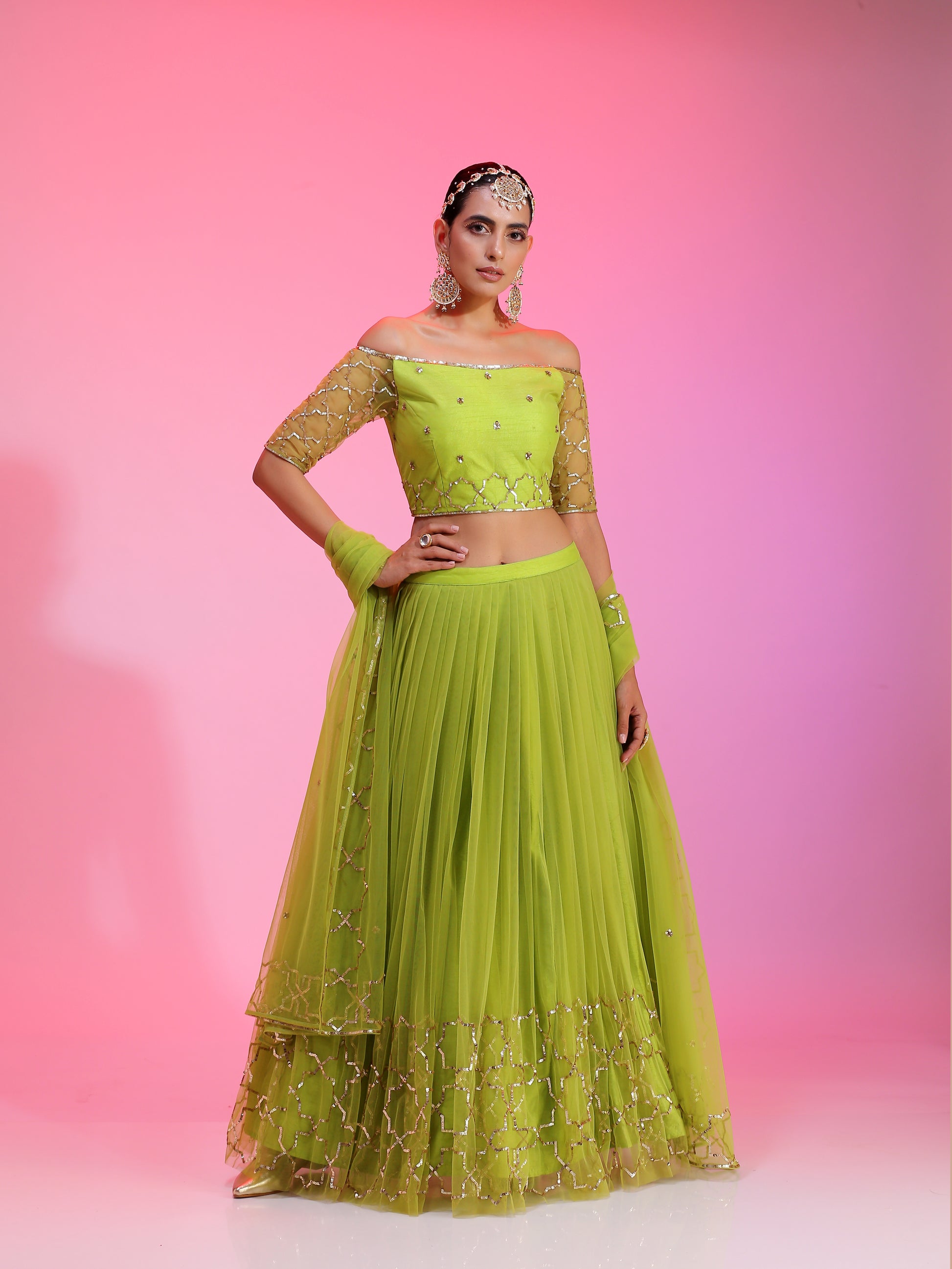 Colorpop Lime Green Net Sequin Embroidery Lehenga Off-Shoulder Blouse
