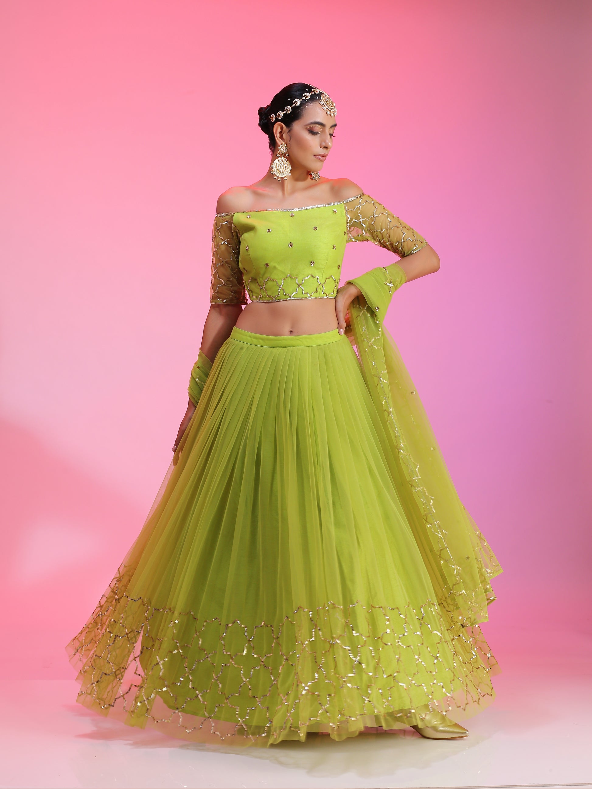 Colorpop Lime Green Net Sequin Embroidery Lehenga Off-Shoulder Blouse