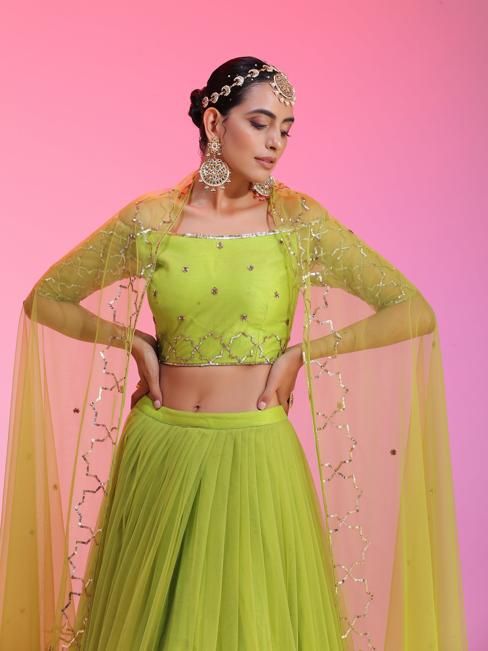 Colorpop Lime Green Net Sequin Embroidery Lehenga Off-Shoulder Blouse