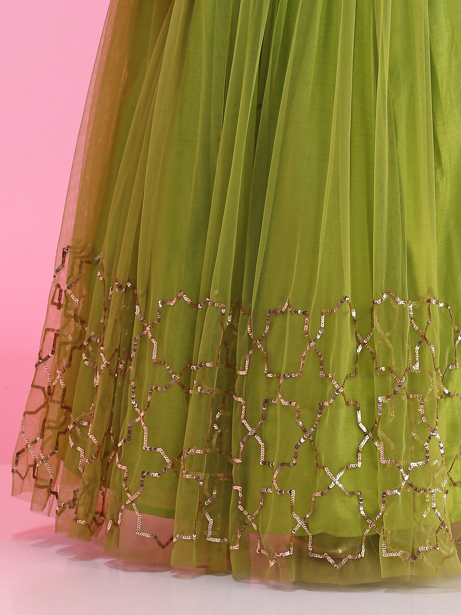 Colorpop Lime Green Net Sequin Embroidery Lehenga Off-Shoulder Blouse