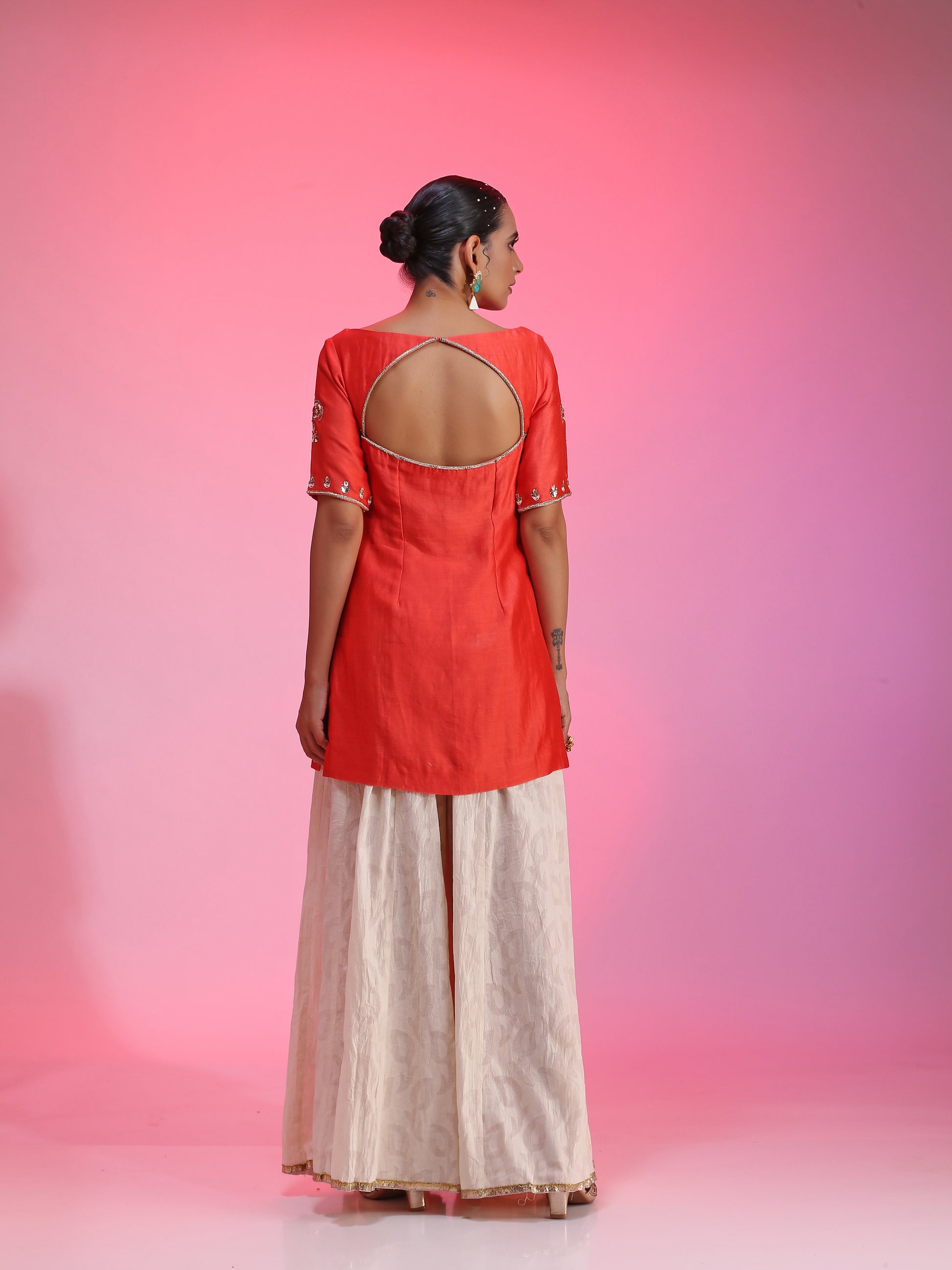 Ivory Silk Cotton Zardozi Mukaish Coral Sharara Set Resham Dabka