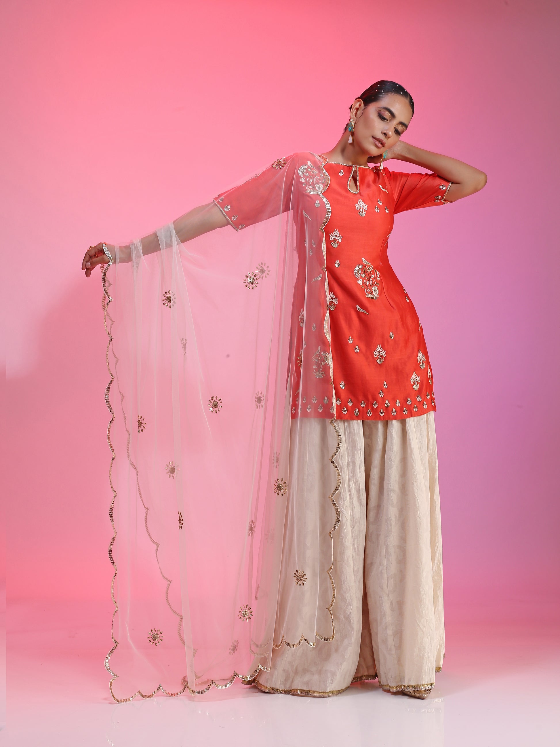 Ivory Silk Cotton Zardozi Mukaish Coral Sharara Set Resham Dabka
