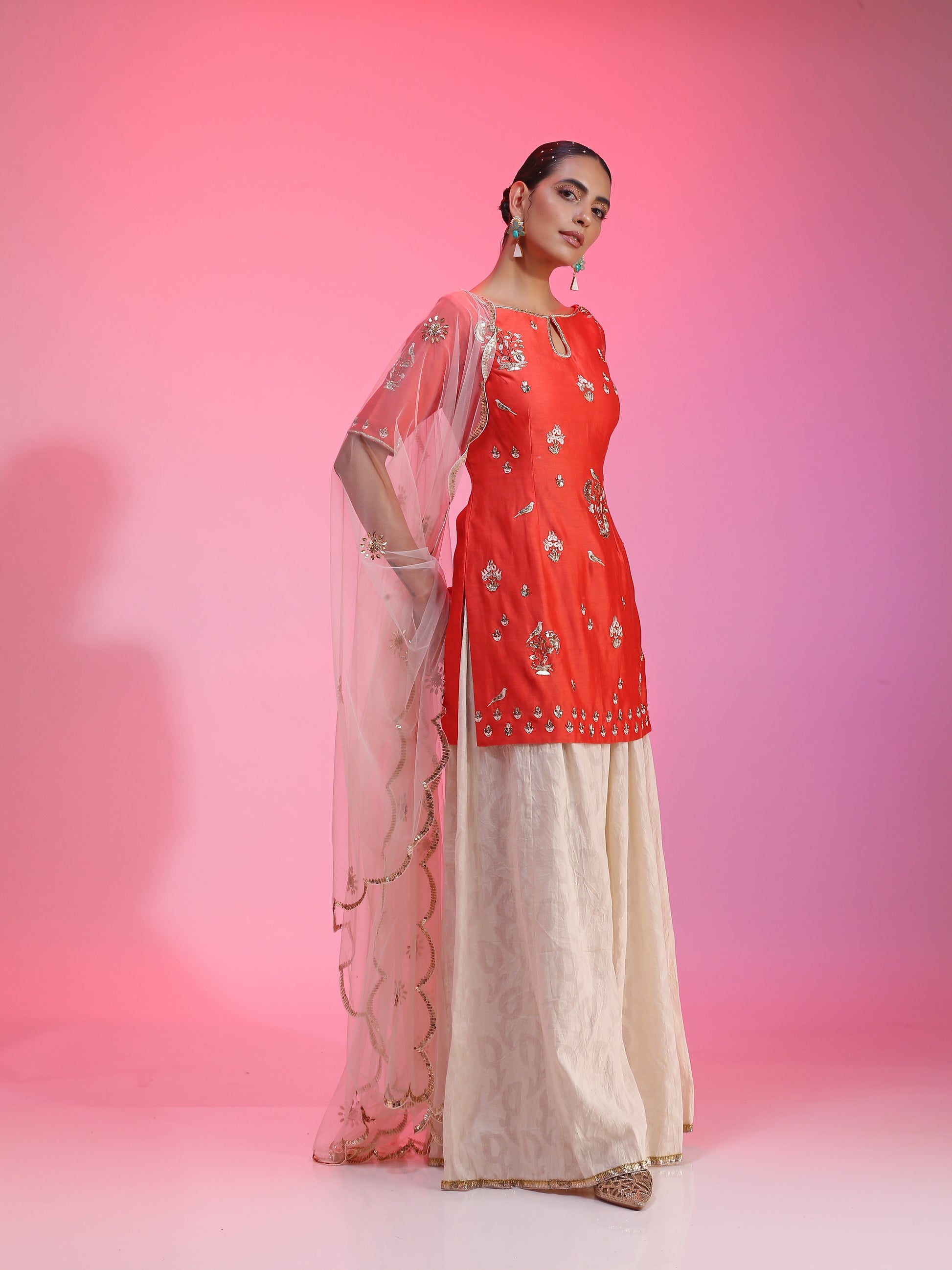 Ivory Silk Cotton Zardozi Mukaish Coral Sharara Set Resham Dabka