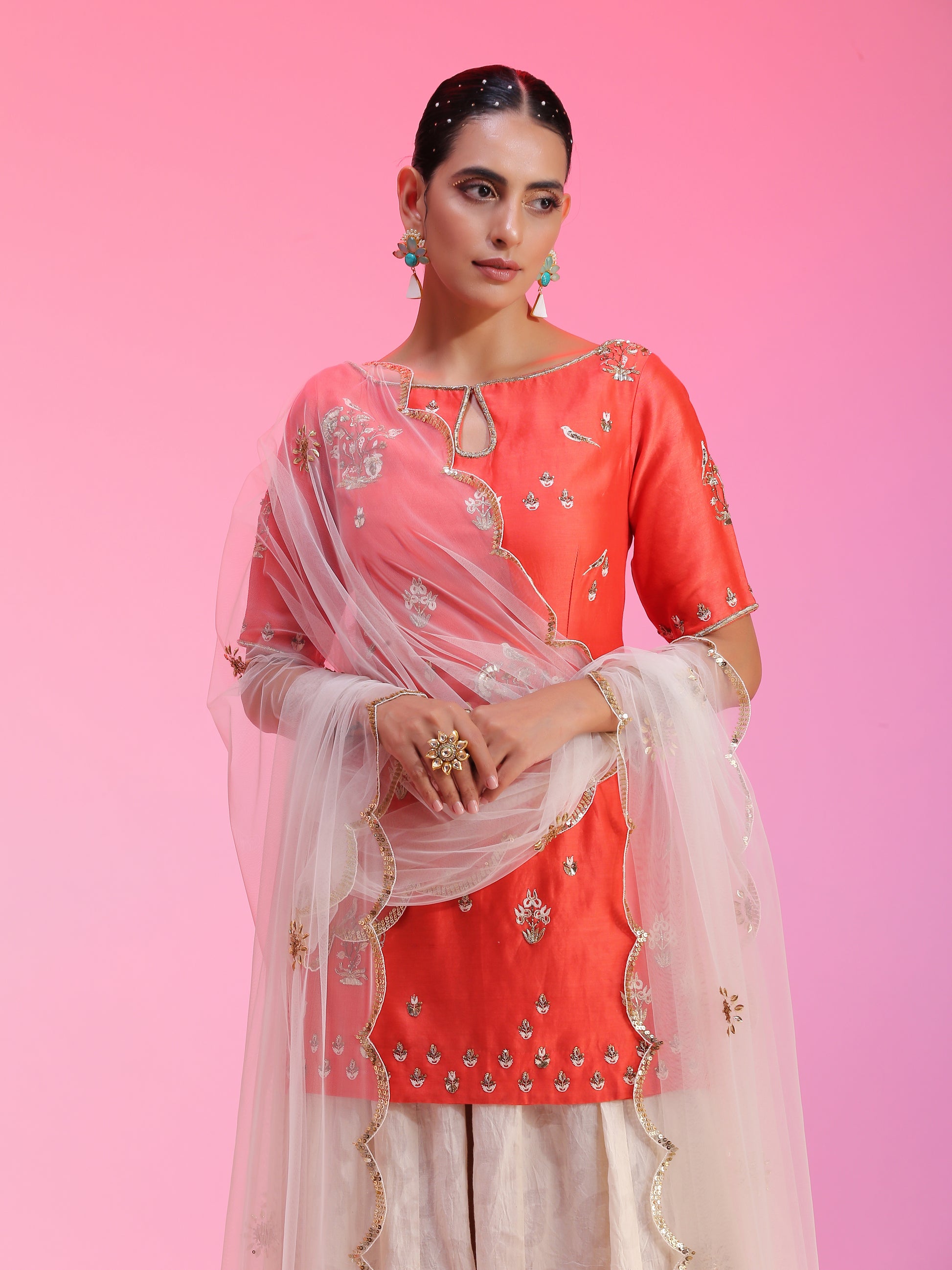 Ivory Silk Cotton Zardozi Mukaish Coral Sharara Set Resham Dabka
