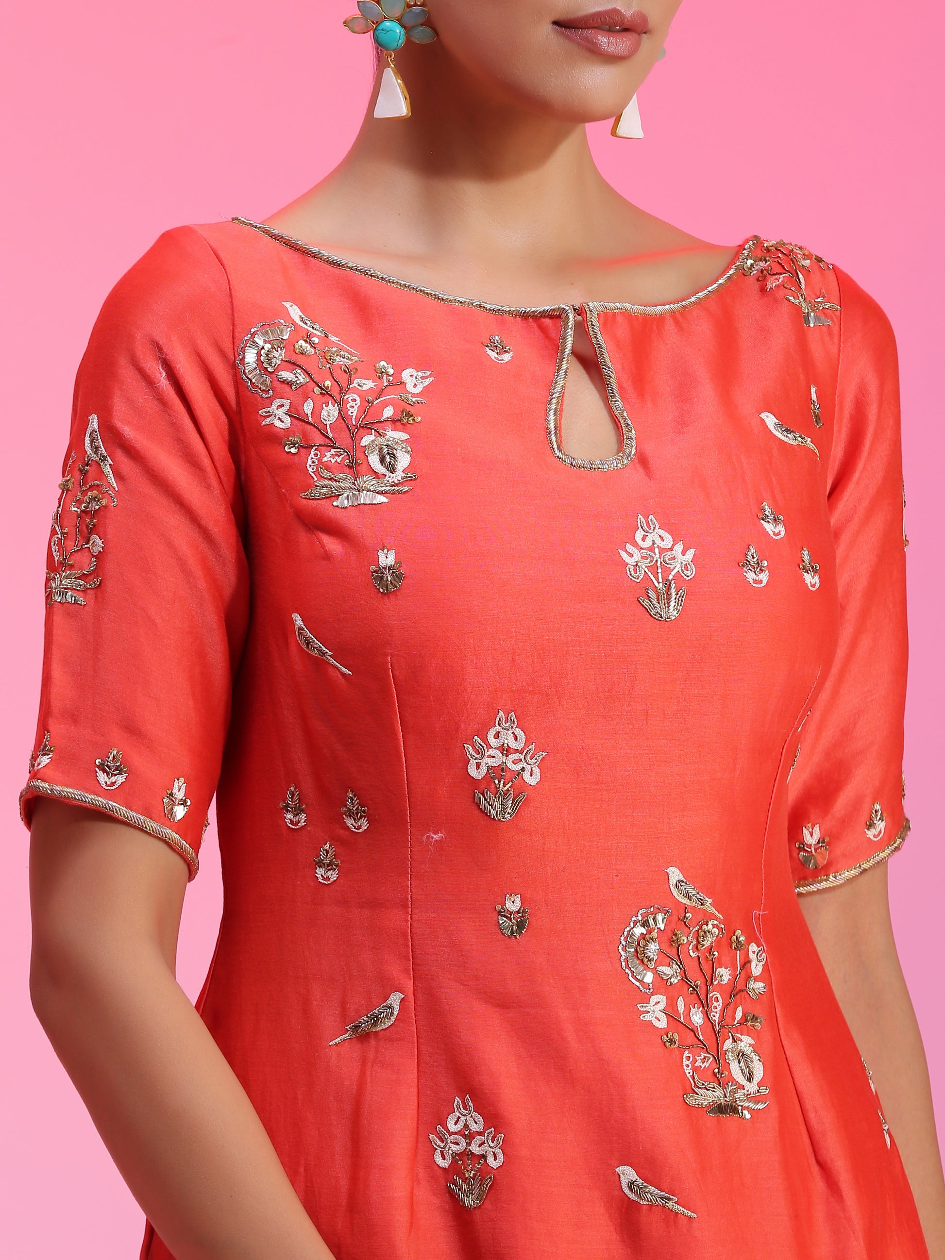 Ivory Silk Cotton Zardozi Mukaish Coral Sharara Set Resham Dabka