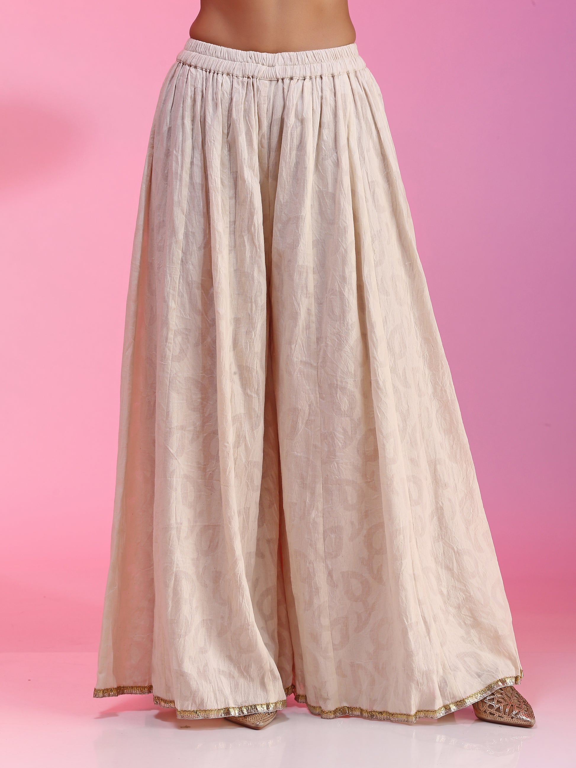 Ivory Silk Cotton Zardozi Mukaish Coral Sharara Set Resham Dabka