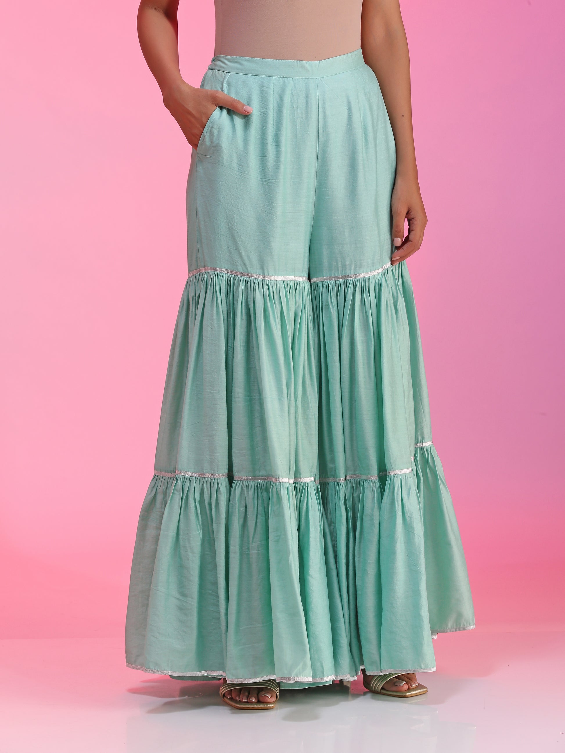 Aqua Blue Green Zaridar Chanderi Zardozi Sequin Sharara Set