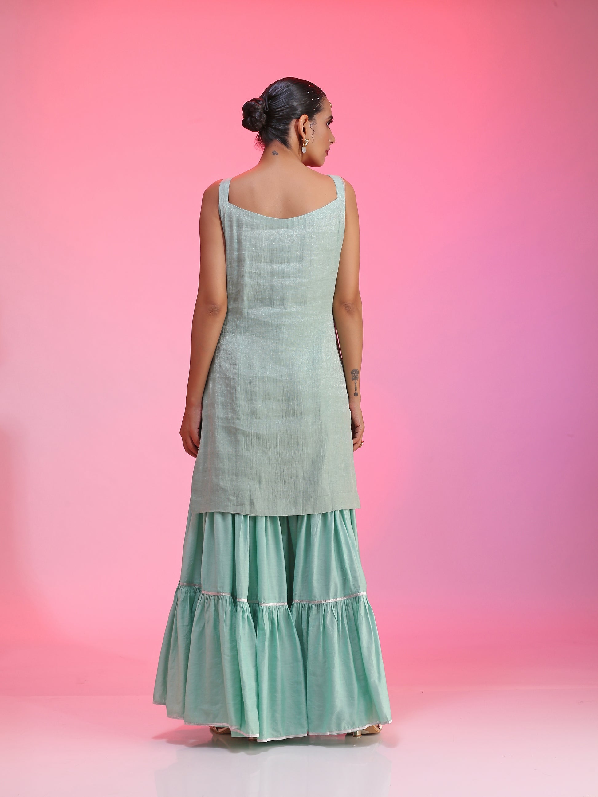 Aqua Blue Green Zaridar Chanderi Zardozi Sequin Sharara Set