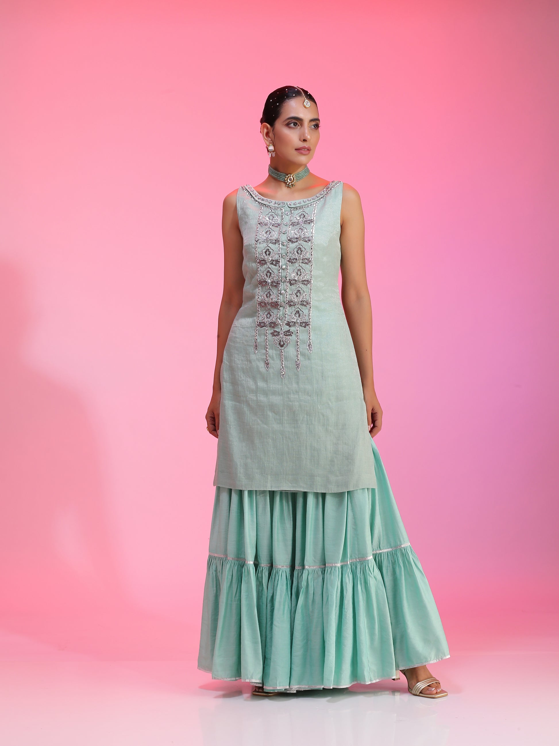 Aqua Blue Green Zaridar Chanderi Zardozi Sequin Sharara Set