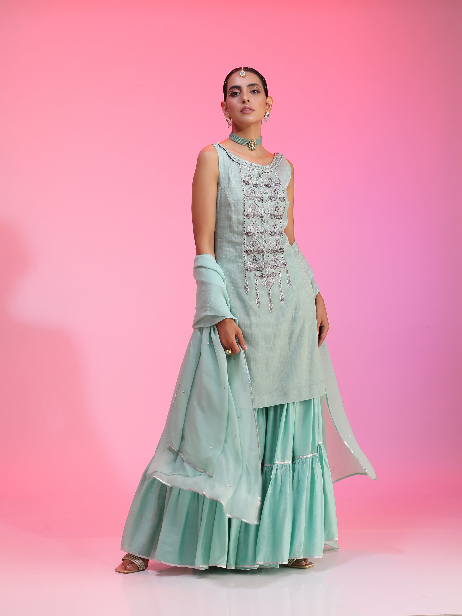 Aqua Blue Green Zaridar Chanderi Zardozi Sequin Sharara Set