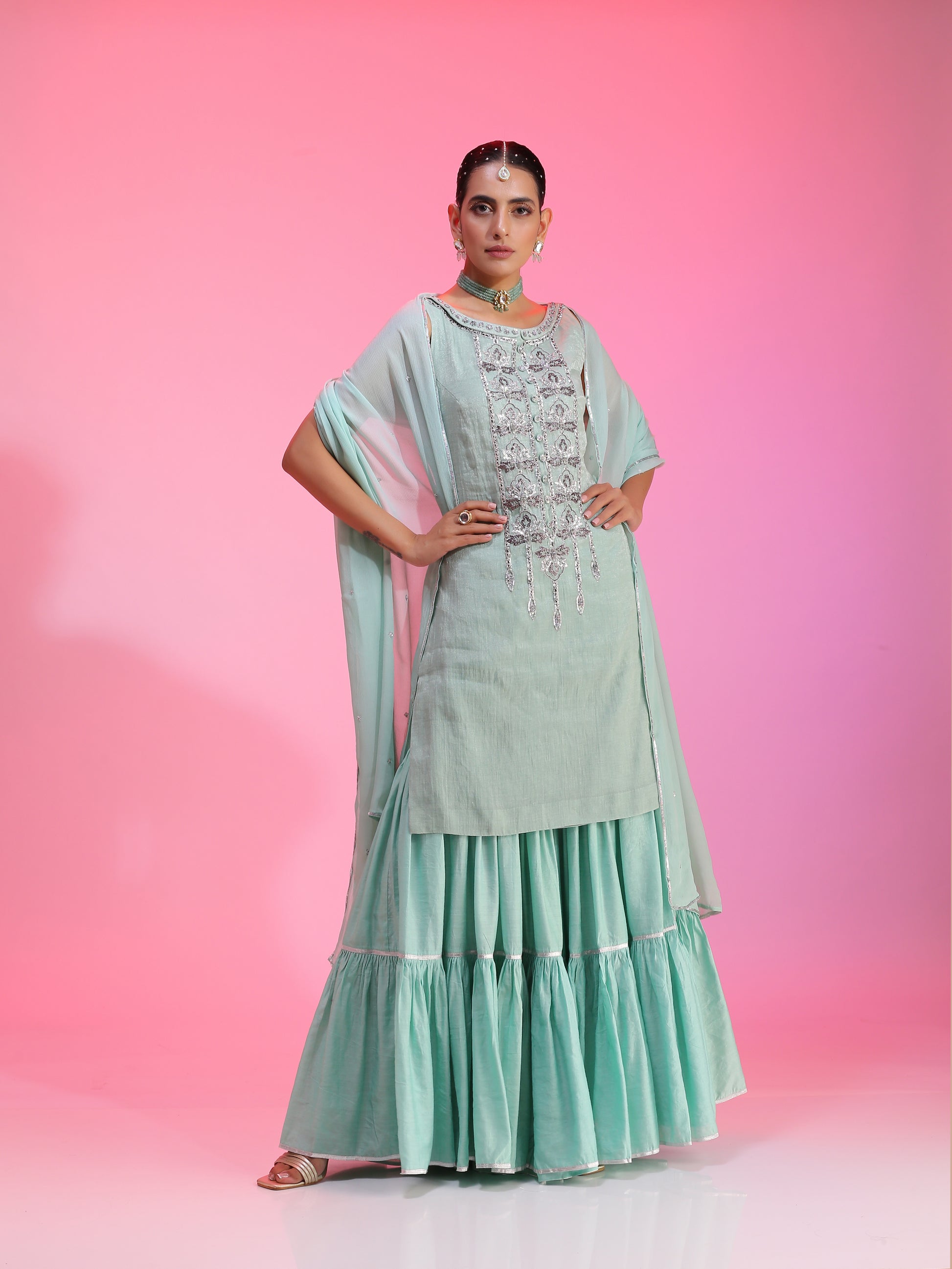 Aqua Blue Green Zaridar Chanderi Zardozi Sequin Sharara Set