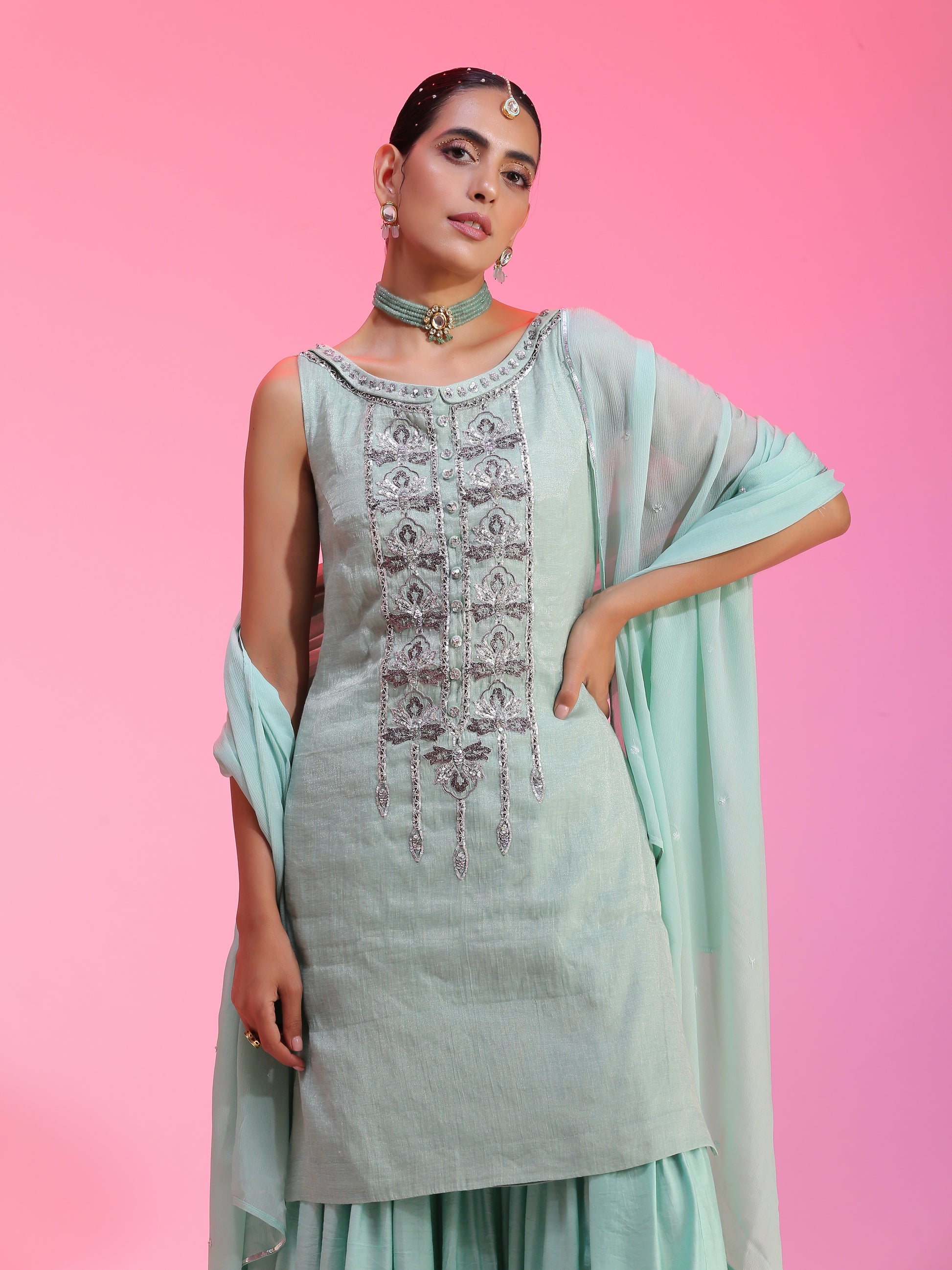 Aqua Blue Green Zaridar Chanderi Zardozi Sequin Sharara Set
