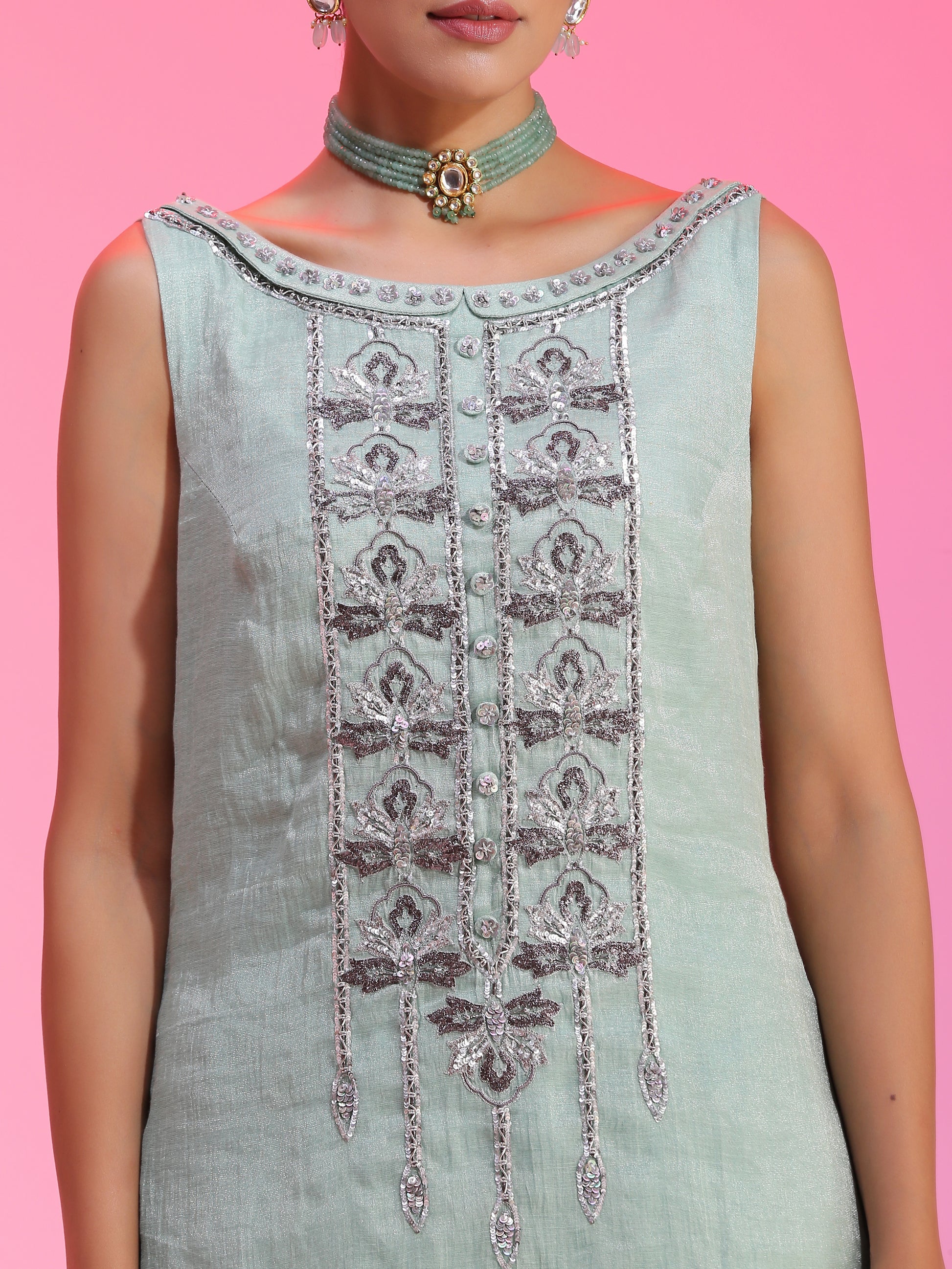Aqua Blue Green Zaridar Chanderi Zardozi Sequin Sharara Set