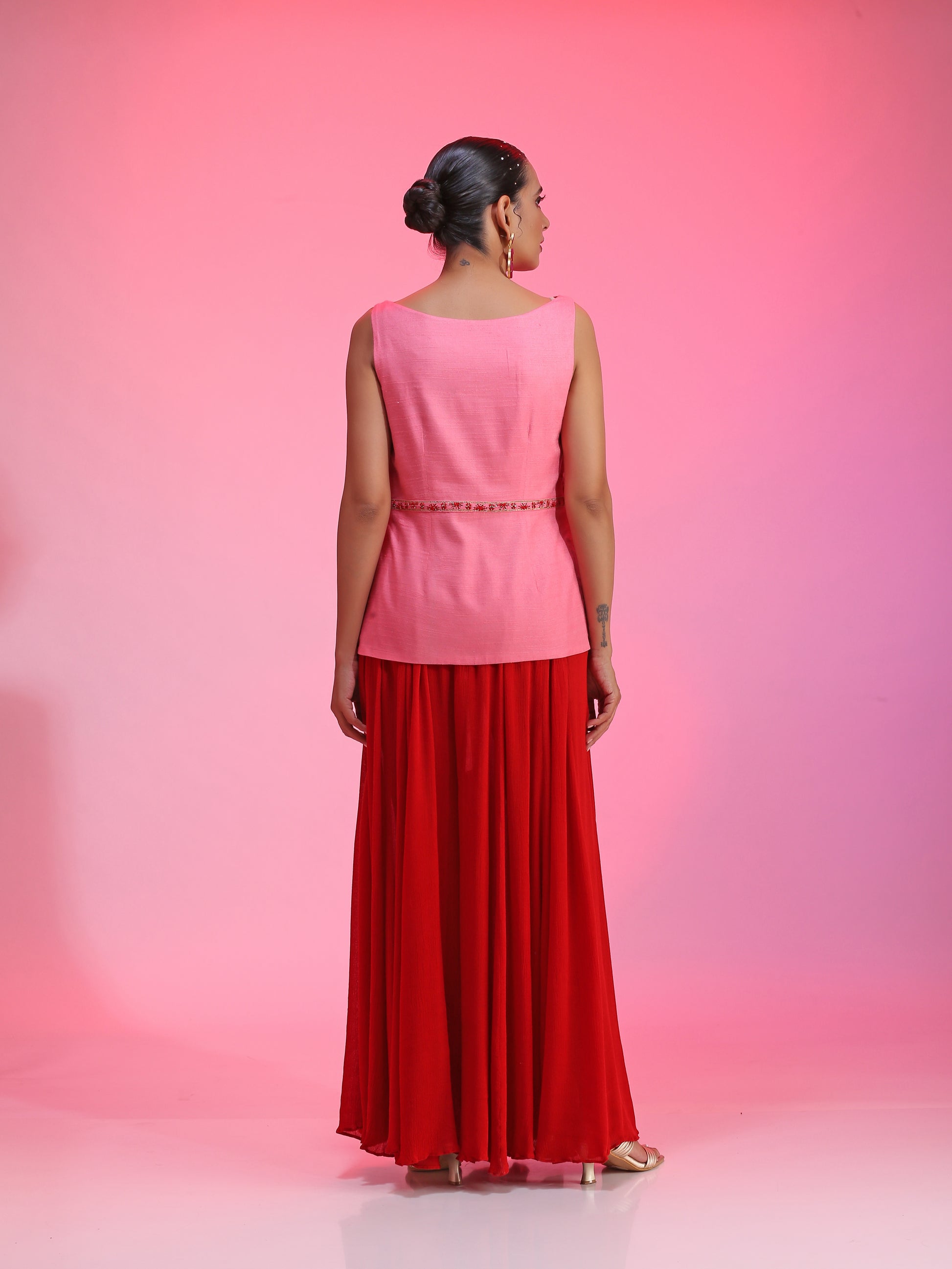 Pink Red Resham Dabka Peplum Blouse Flared Pants Set