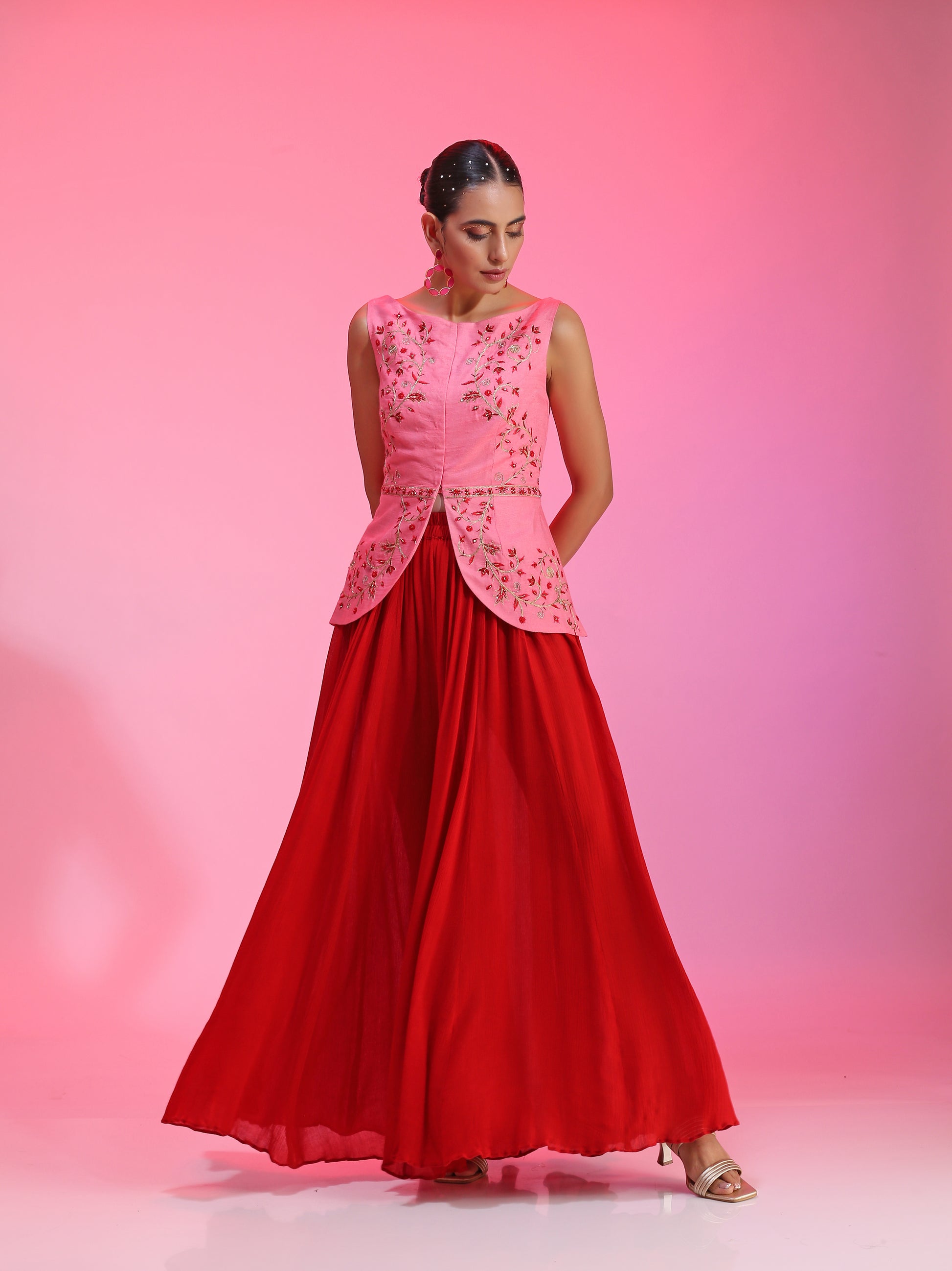 Pink Red Resham Dabka Peplum Blouse Flared Pants Set