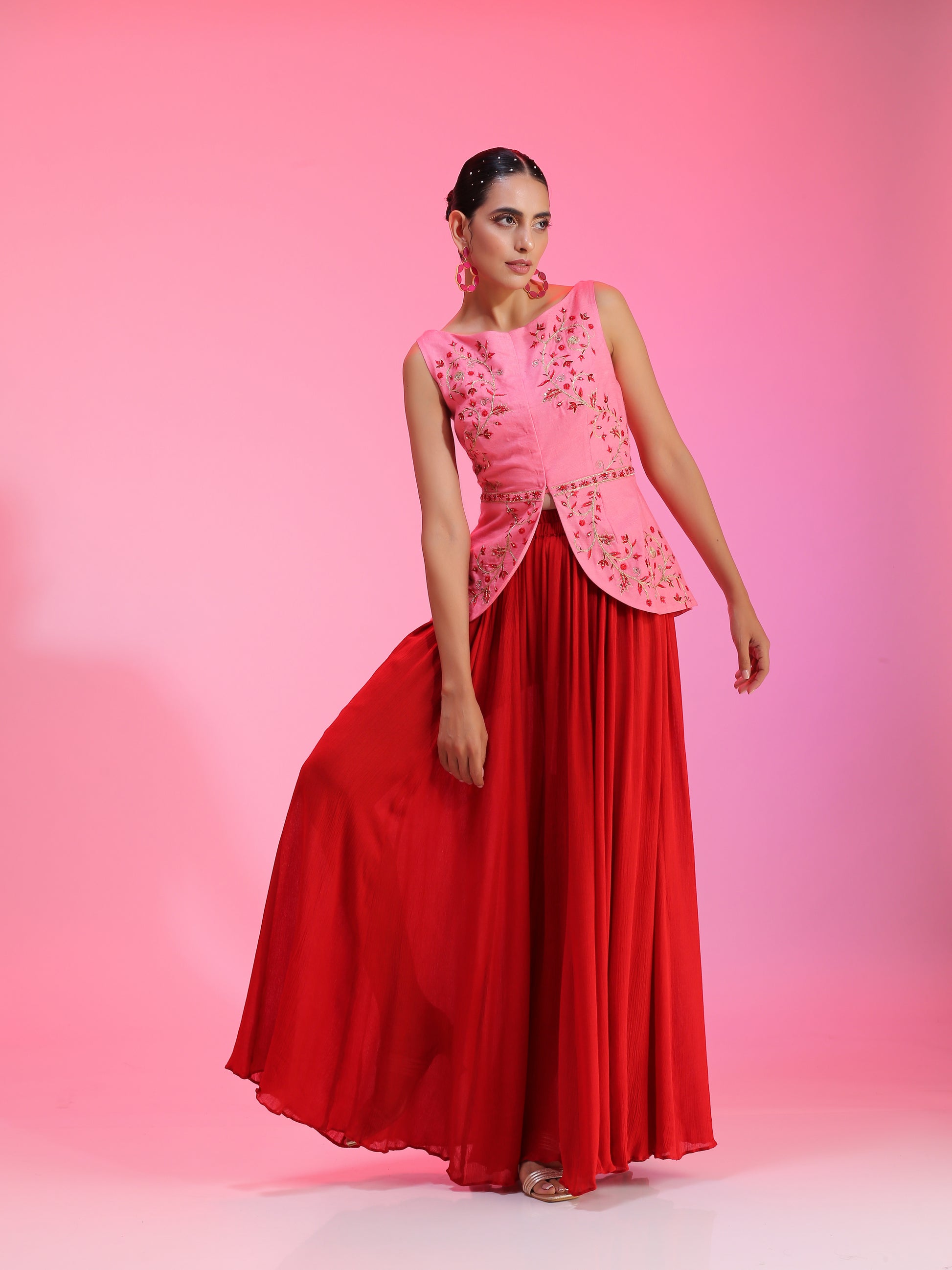 Pink Red Resham Dabka Peplum Blouse Flared Pants Set