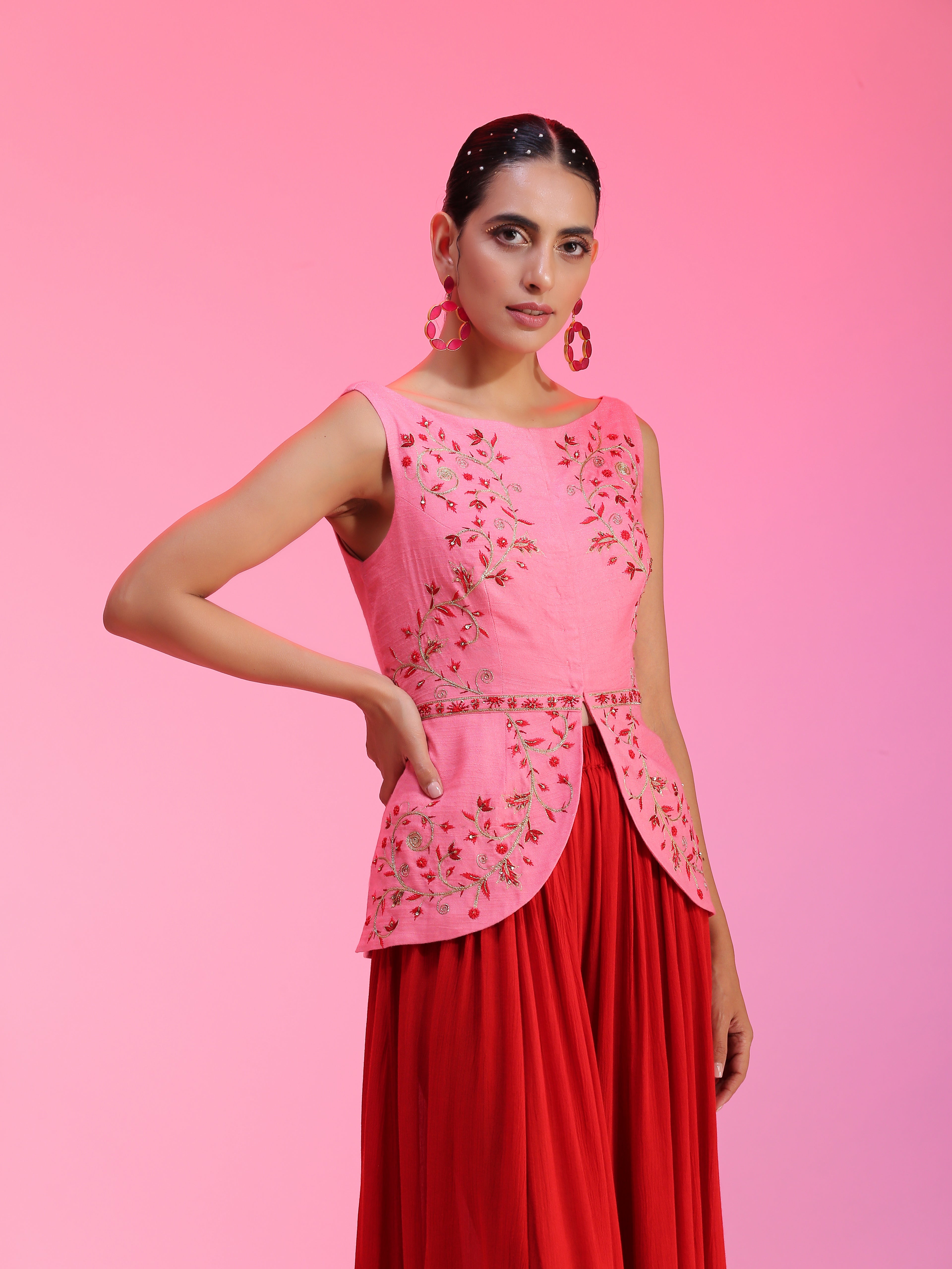Pink Red Resham Dabka Peplum Blouse Flared Pants Set