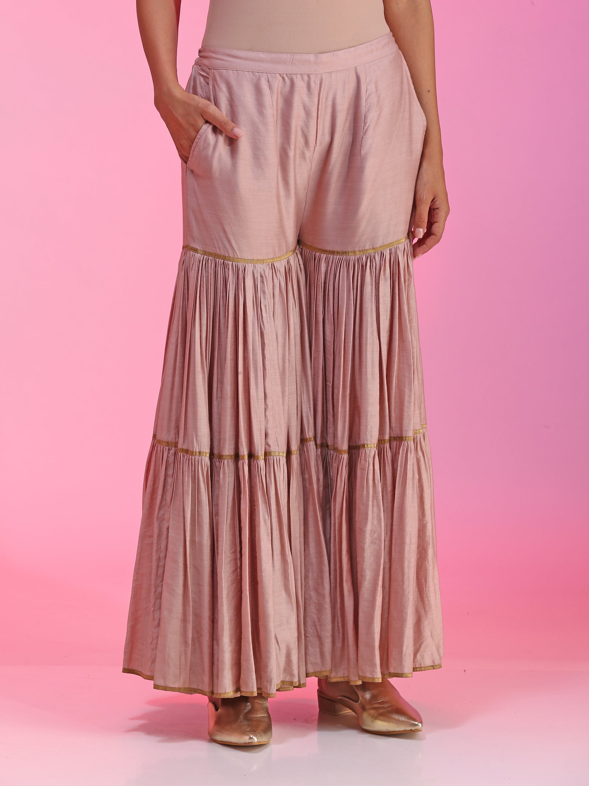 Rust Orange Chanderi Gotta Patti Oversized Kalidar Kurta Gajji Pants