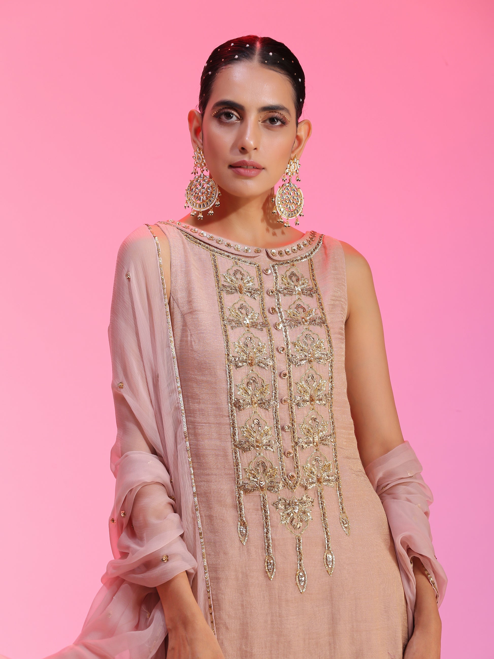 Rust Orange Chanderi Gotta Patti Oversized Kalidar Kurta Gajji Pants