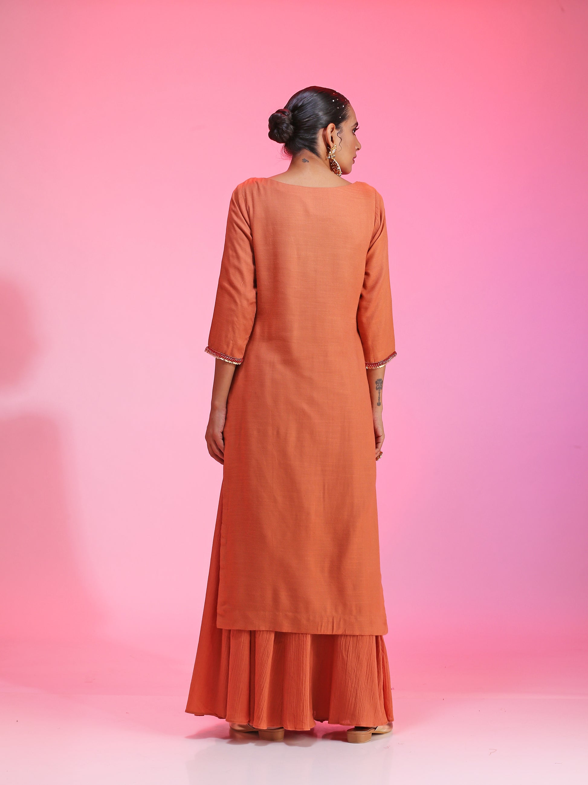 Rust Orange Modal Resham Dabka Beaded Kurta Palazzo Net Dupatta Set