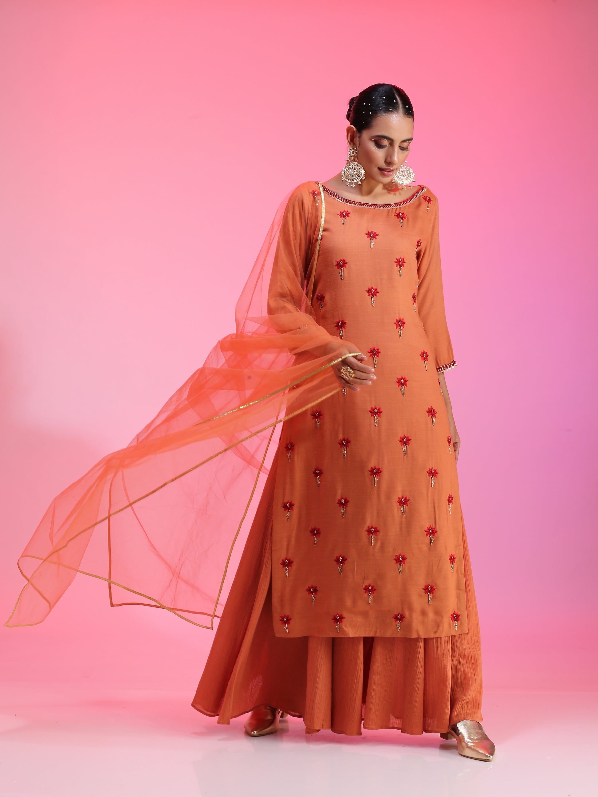 Rust Orange Modal Resham Dabka Beaded Kurta Palazzo Net Dupatta Set