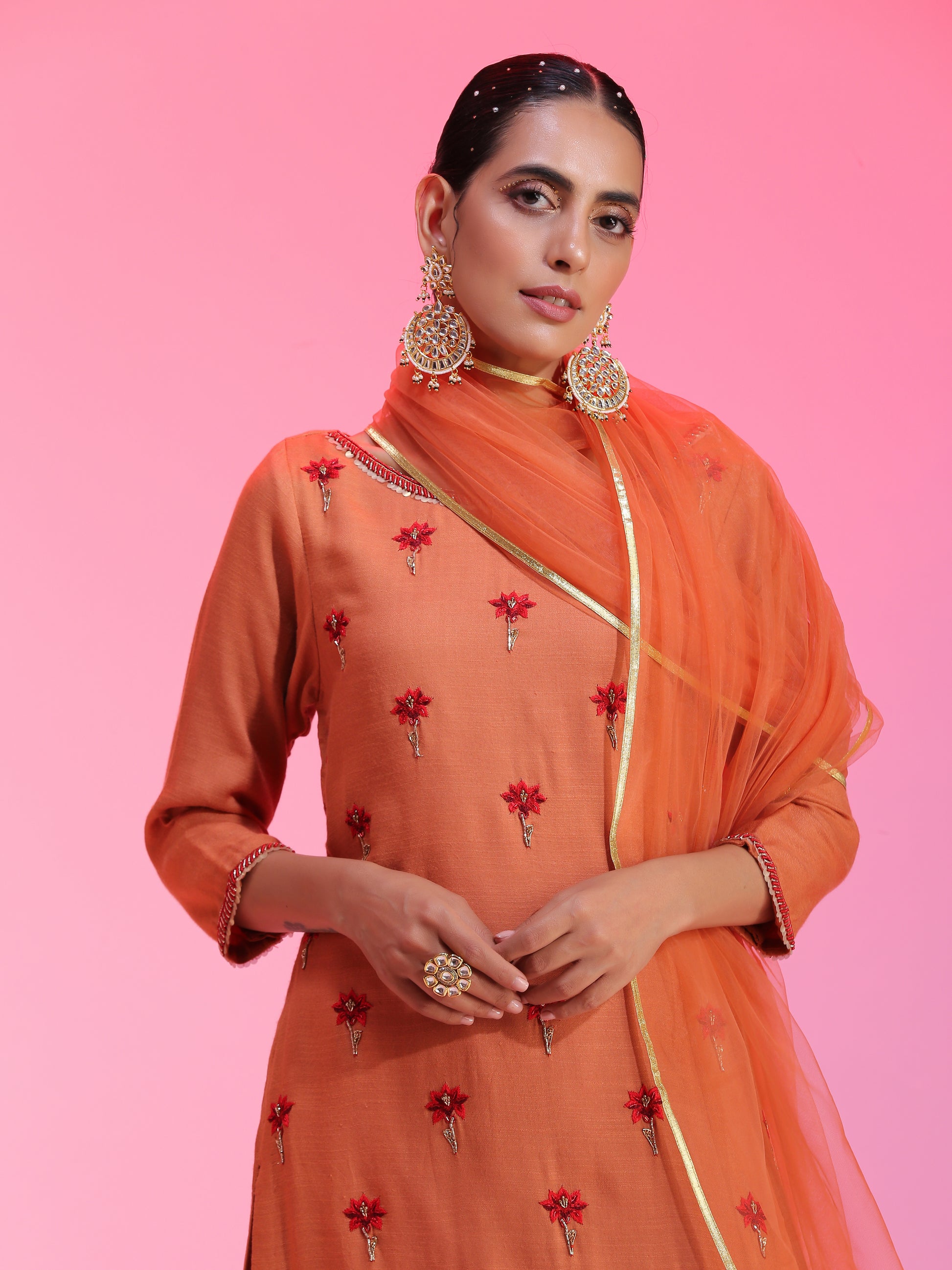 Rust Orange Modal Resham Dabka Beaded Kurta Palazzo Net Dupatta Set