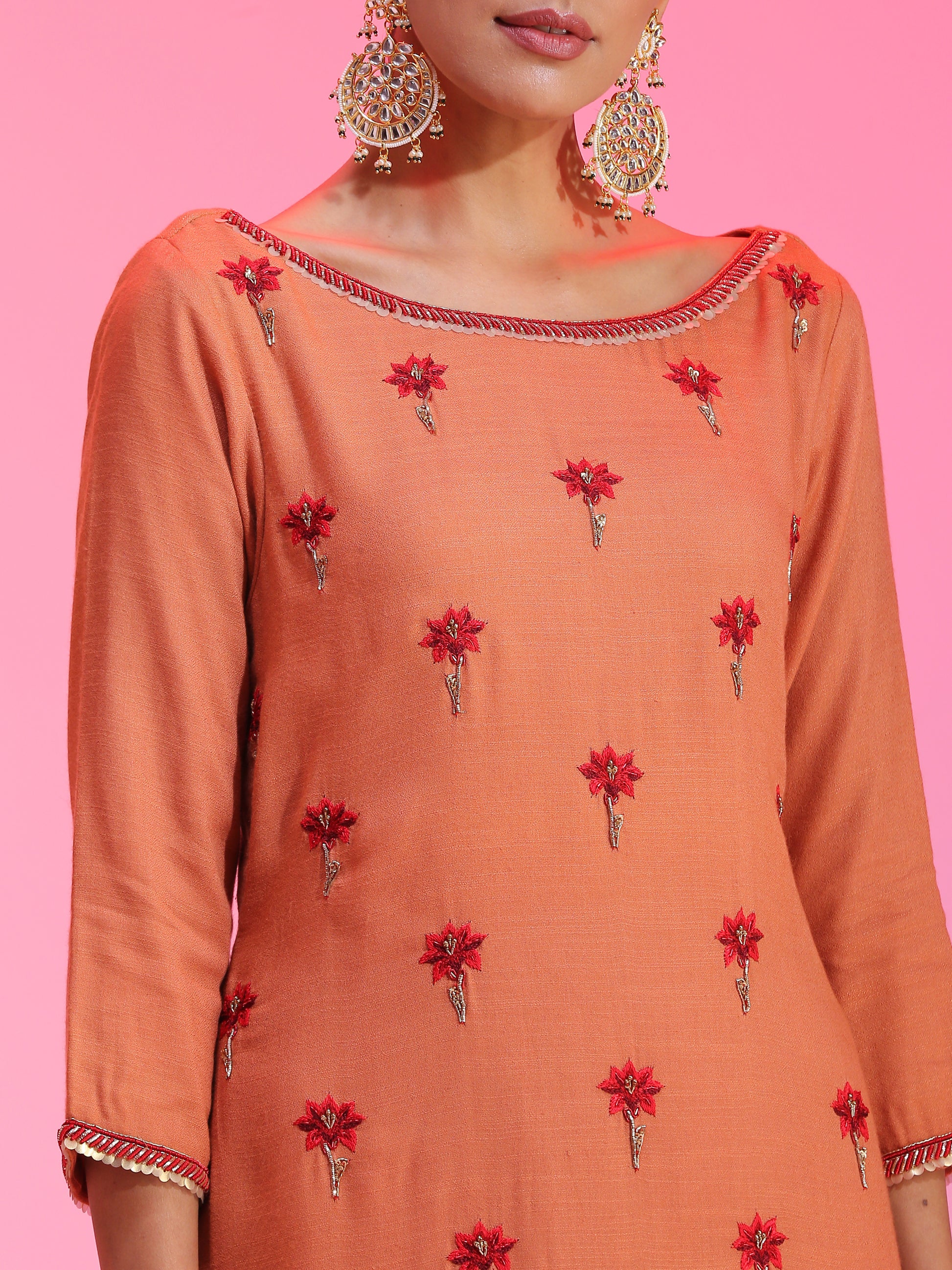 Rust Orange Modal Resham Dabka Beaded Kurta Palazzo Net Dupatta Set